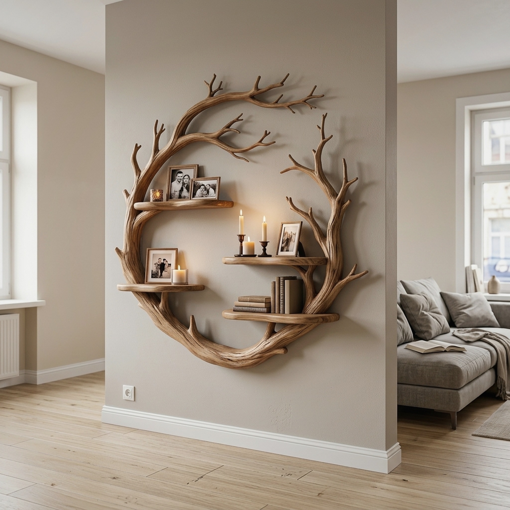 Contemporary Floating Shelf with Tree Branch Display Design for Living Room and Hallway