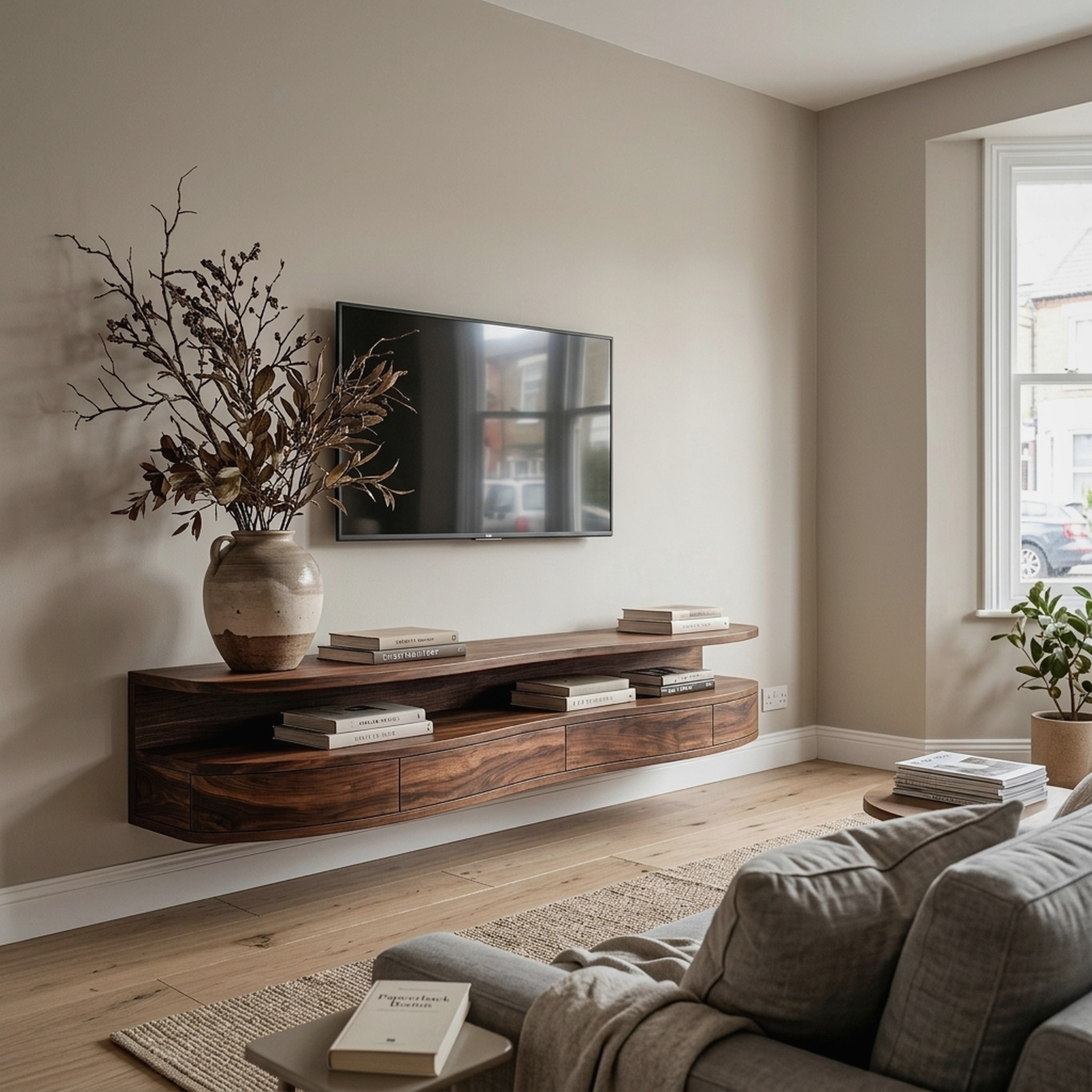 Contemporary Floating TV Stand with Built-in Drawer Storage, Wall Mounted Solid Wood Media Console, Entertainment Center Shelf