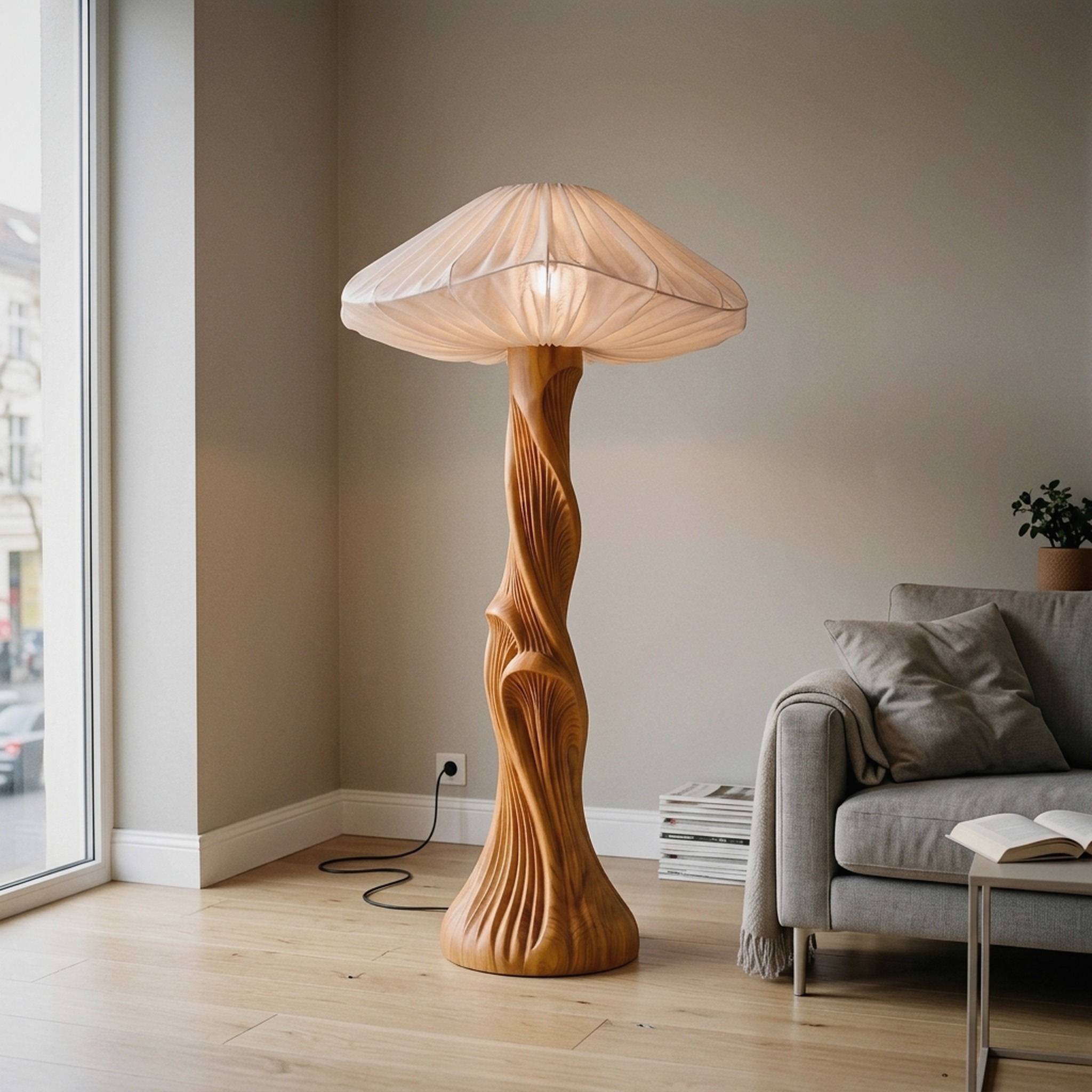 Contemporary Floor Lamp Carved Wood Mushroom Shade Pedestal Lounge