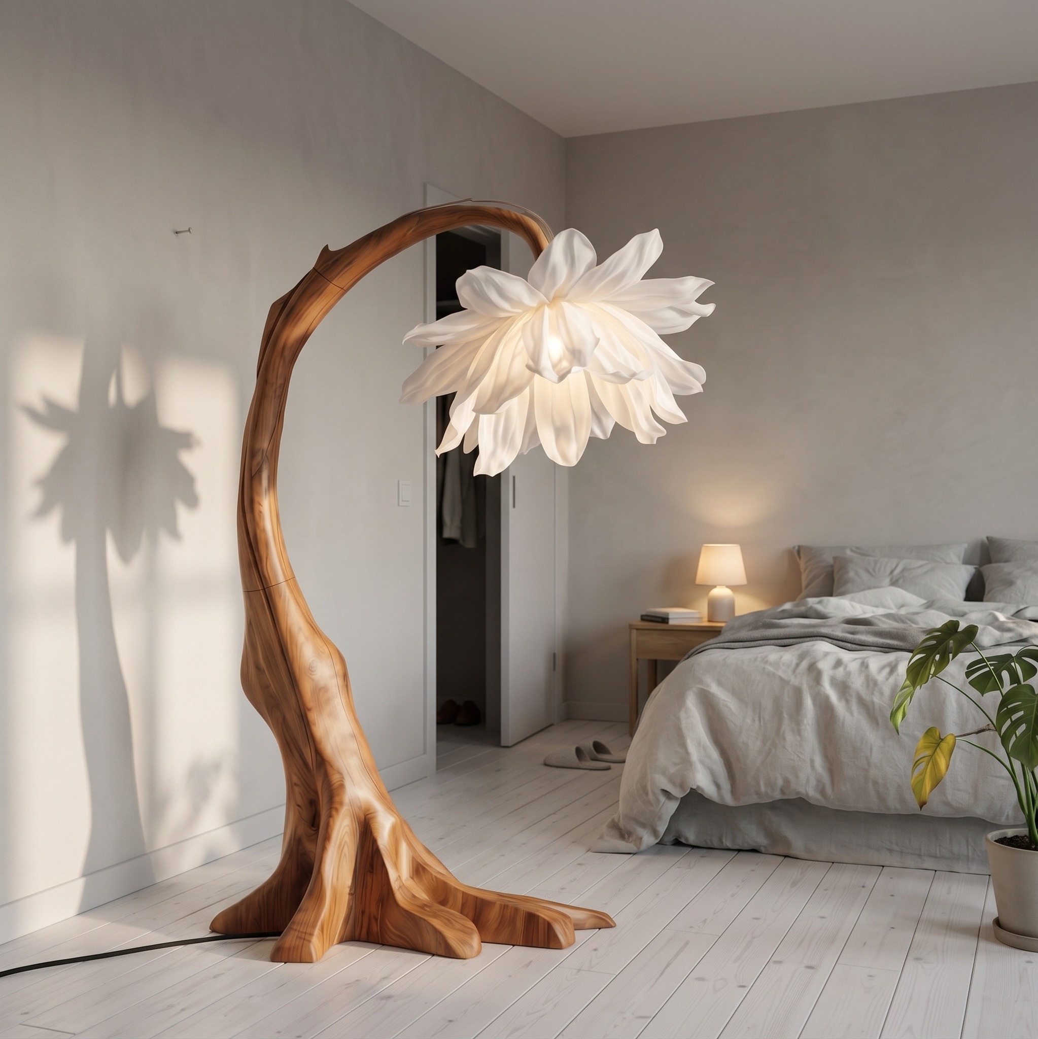 Contemporary Floor Lamp, Sculptural Floral Design Handcrafted Wooden Standing Tall Light for Living Room