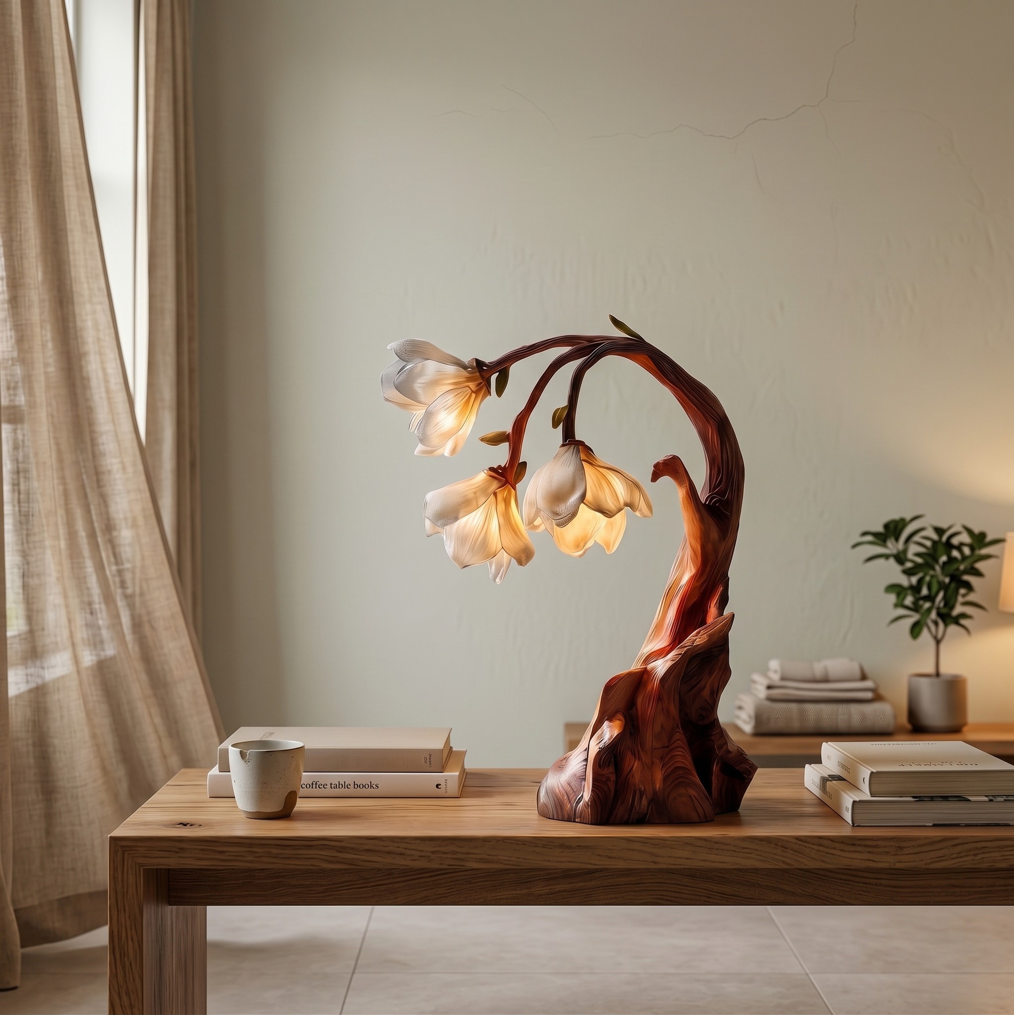 Contemporary Floral Table Lamp with Sculptural Solid Wood Base, Modern Bedside Desk Nightstand Lamp for Bedroom