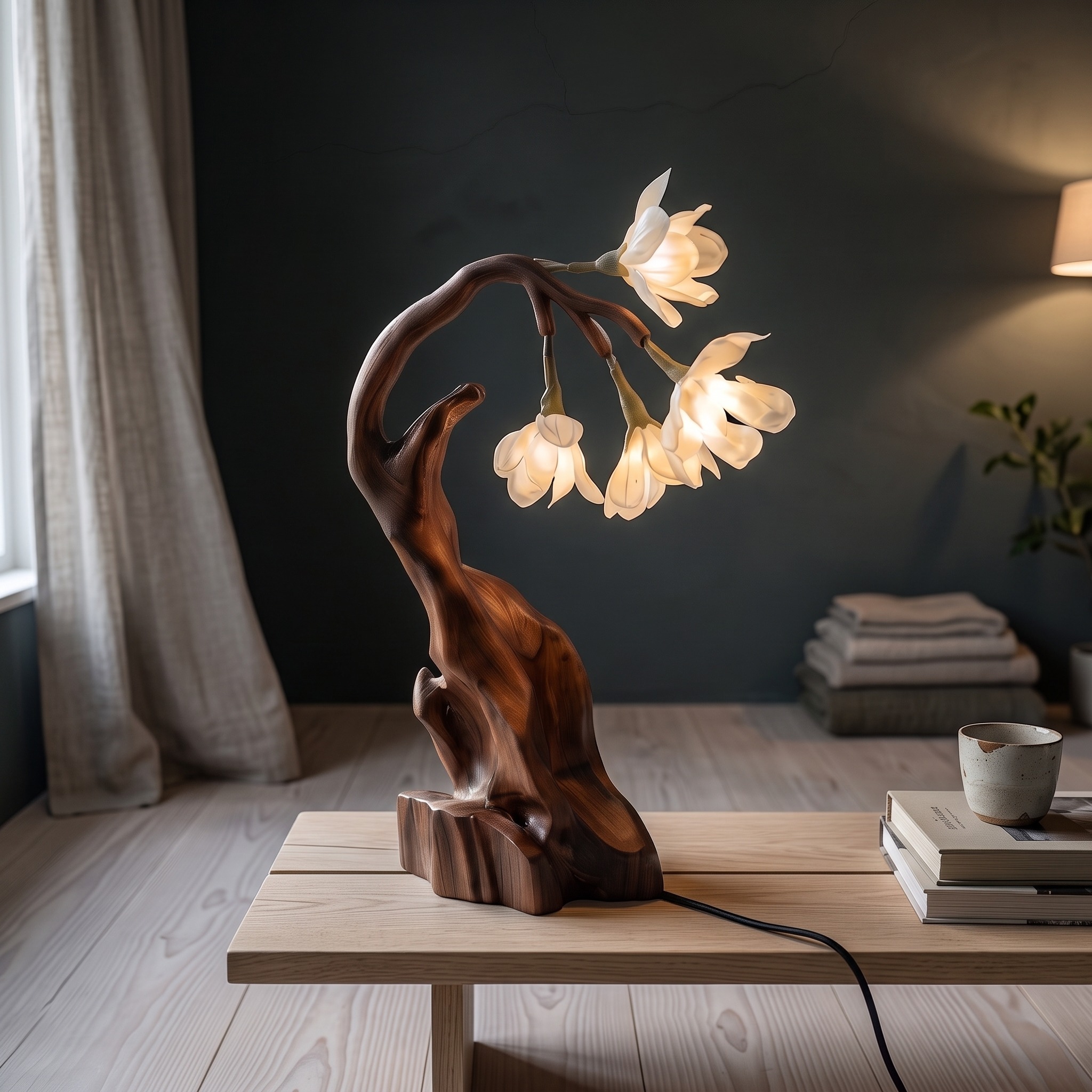 Contemporary Floral Table Lamp with Twisted Solid Wood Base, Elegant Bedside Desk Nightstand Light for Living Room