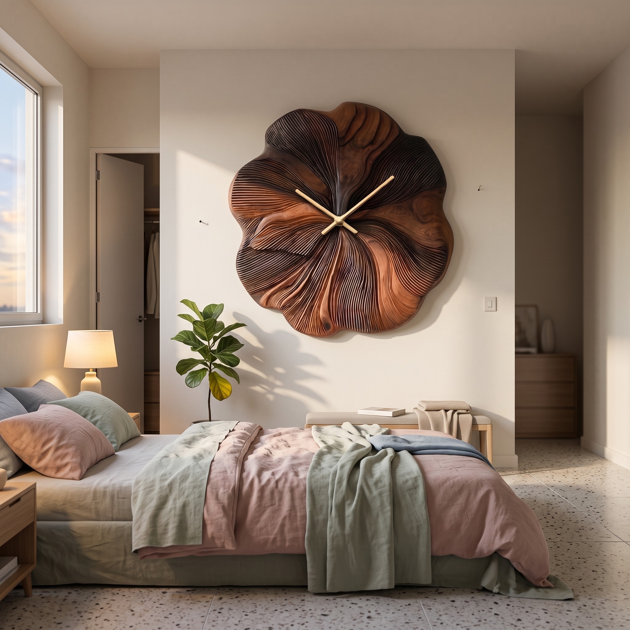 Contemporary Floral Wooden Wall Clock, Handcrafted Flower Shape Solid Wood Timepiece for Living Room