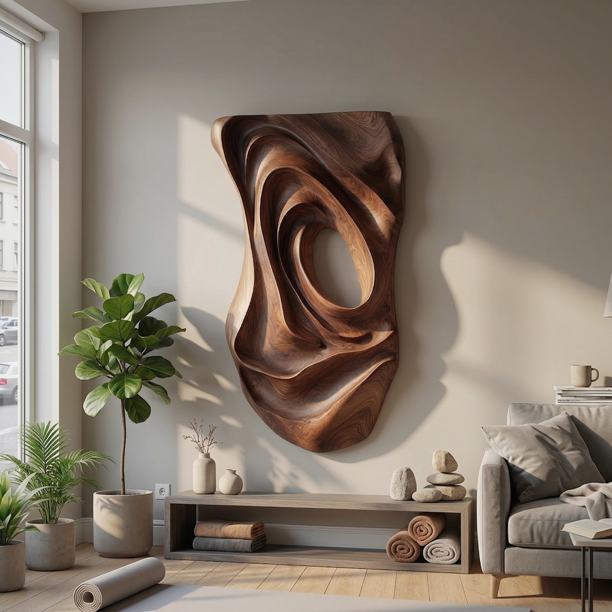 Contemporary Fluid Wood Wall Art Panel, Handcrafted Modern Abstract Ripple Wooden Wall Sculpture Decor for Entryway & Living Room