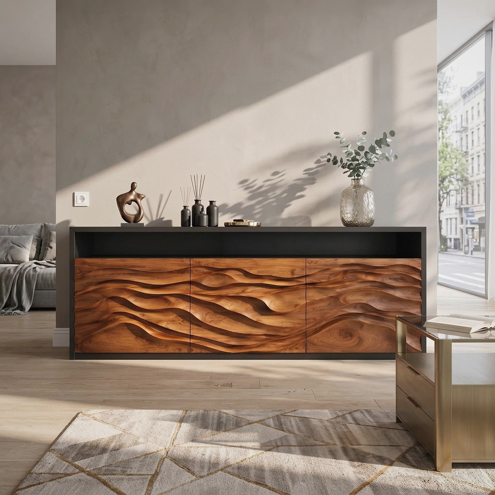 Contemporary Fluted Credenza Cozy Living Room