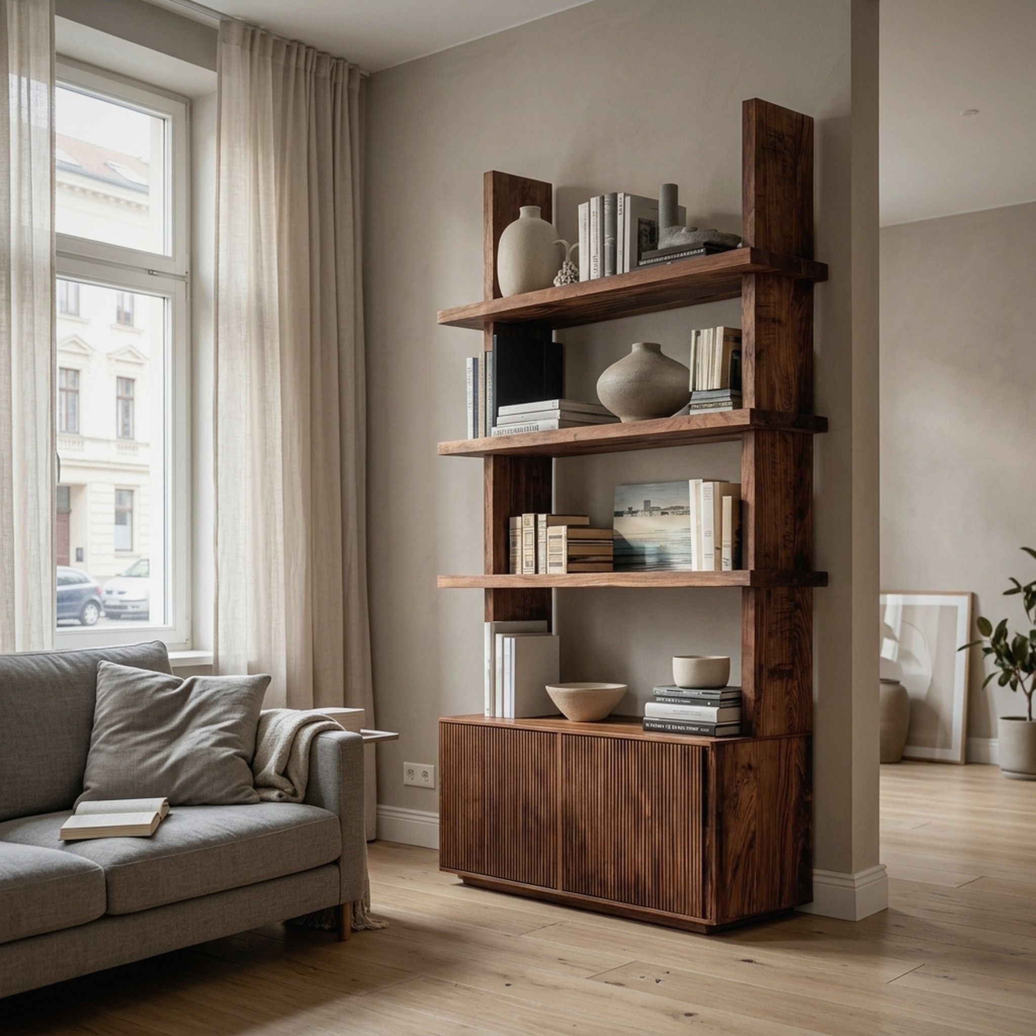 Contemporary Fluted Wood Bookshelf for Living Decor