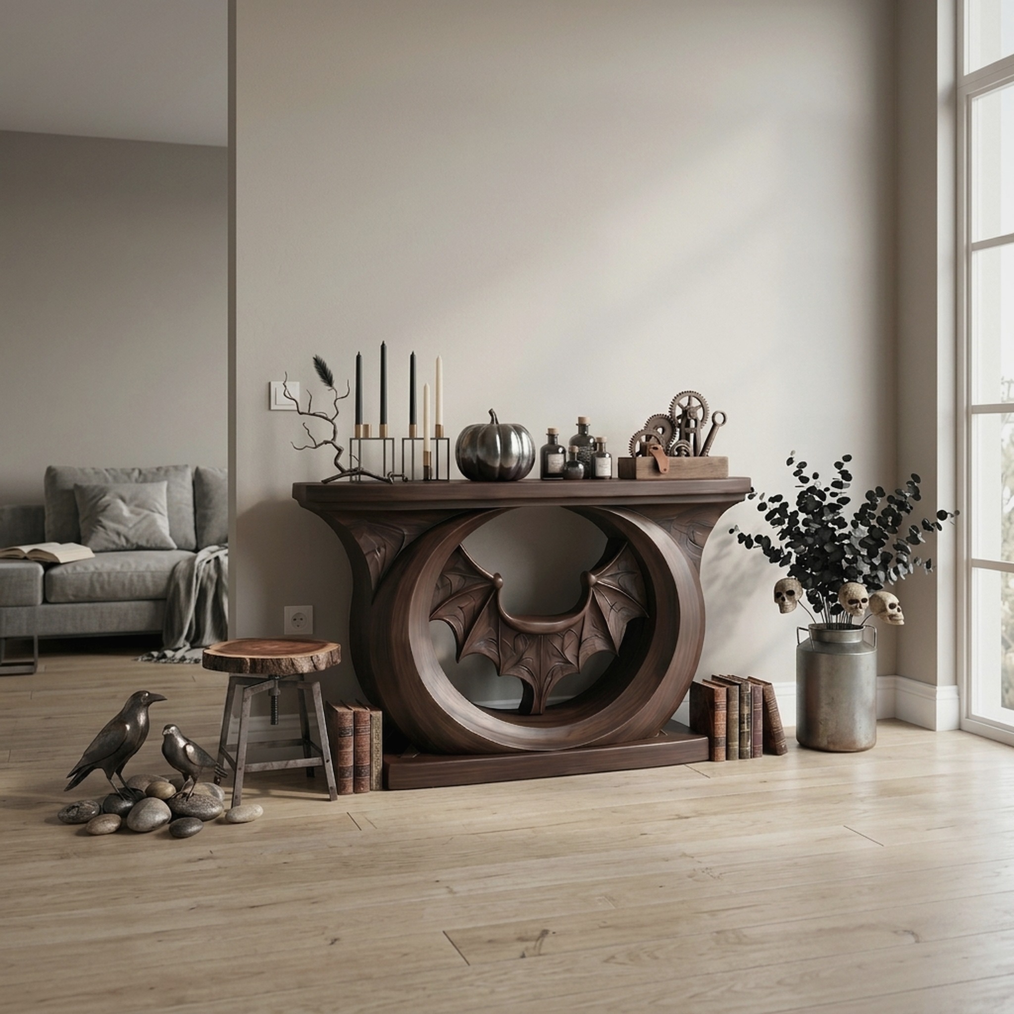 Contemporary Halloween Console Table with Sculptural Bat Design for Entryway and Living Room