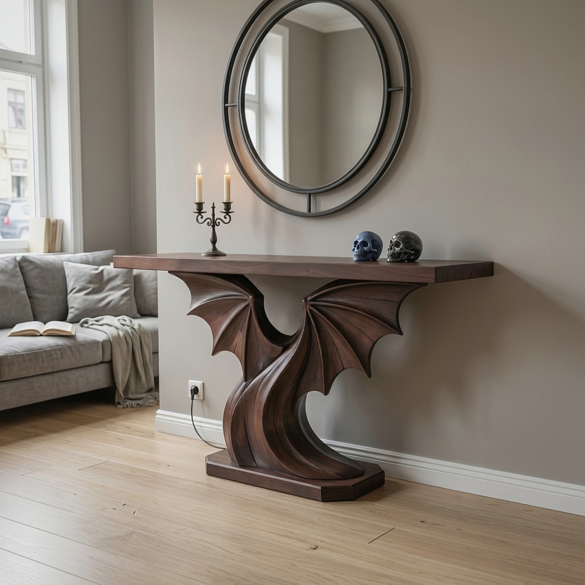Contemporary Halloween Console Table with Sculptural Bat Wing Design for Entryway and Hallway
