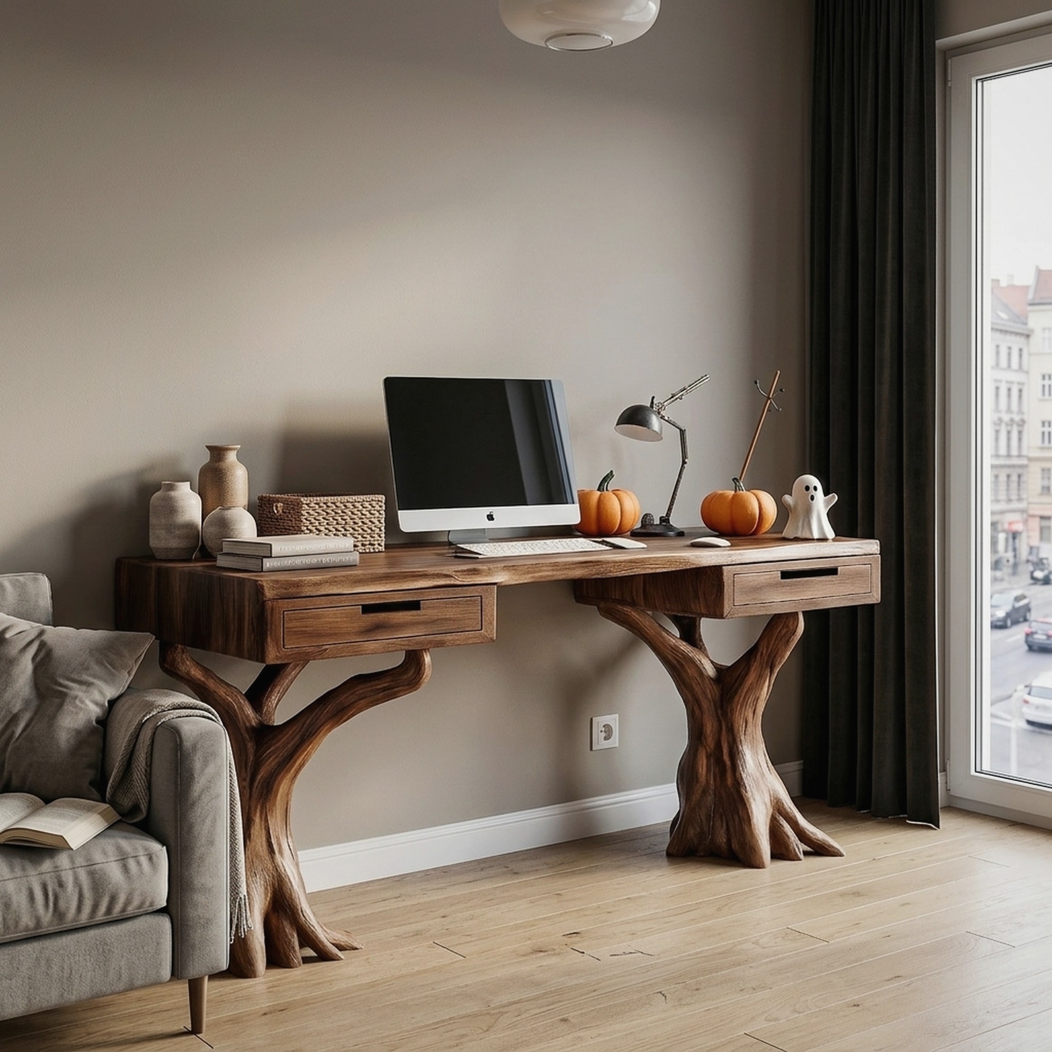 Contemporary Halloween Storage Desk with Pumpkin Display Shelves for Home Office