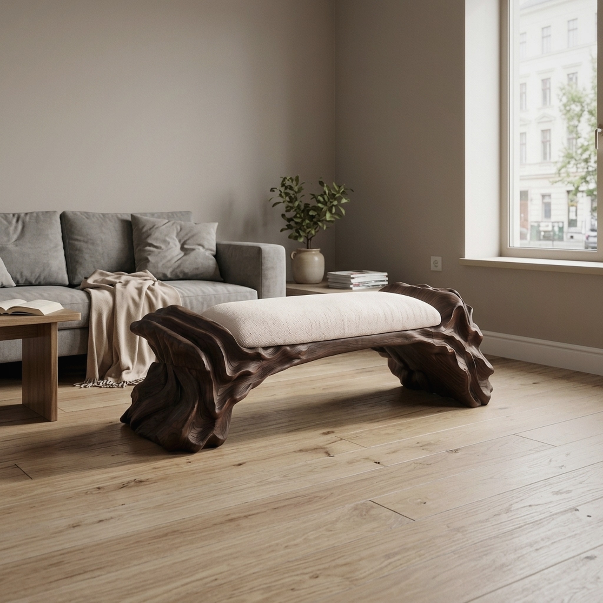 Contemporary Halloween Wood Bench with Oyster Inspired Base for Reading Nook