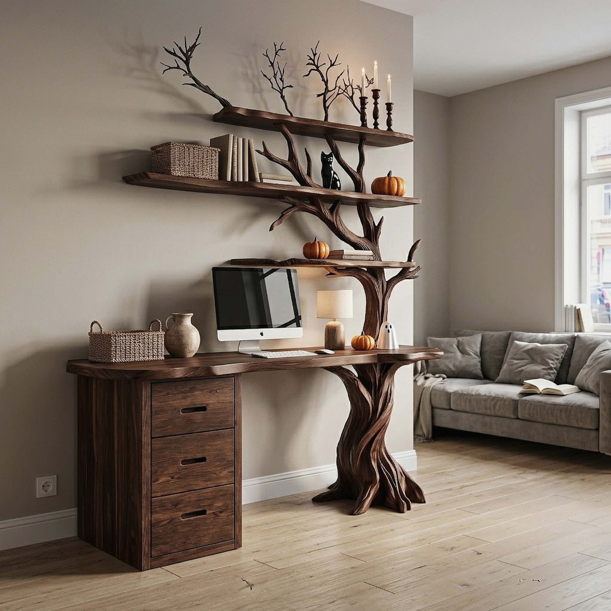 Contemporary Halloween Writing Desk with Haunted Tree Silhouette for Bedroom