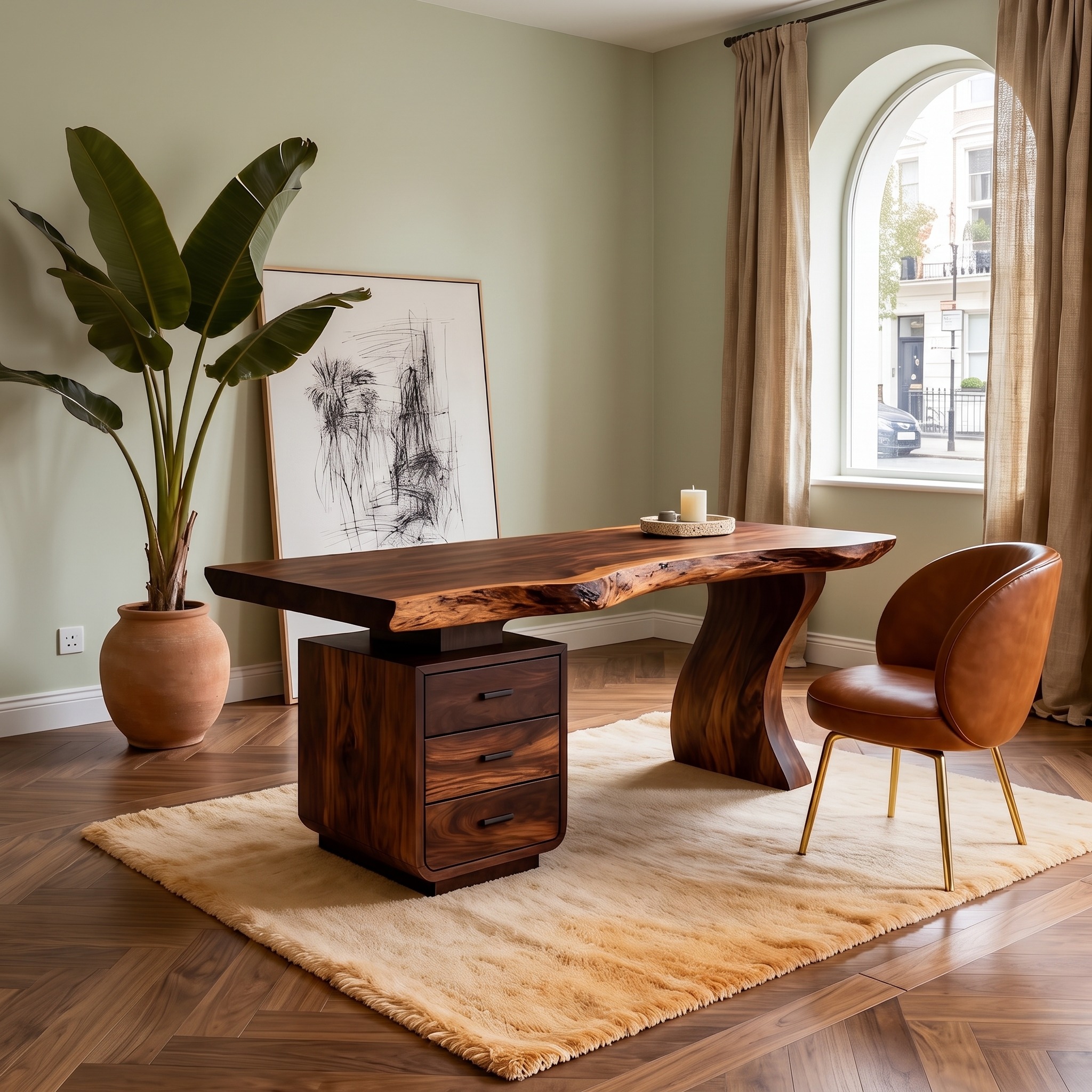 Contemporary Home Office Desk, Handcrafted Solid Wood Writing Computer Table for Artistic Living Room