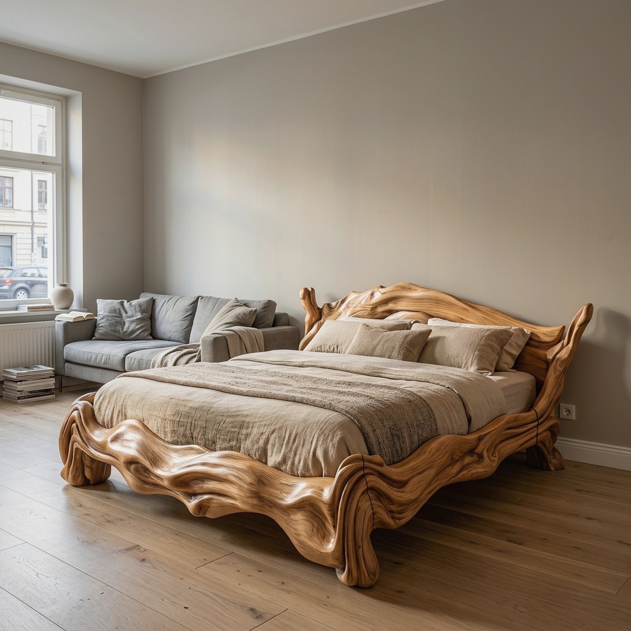 Contemporary King Bed Frame with Flowing Ripple Form for Bedroom