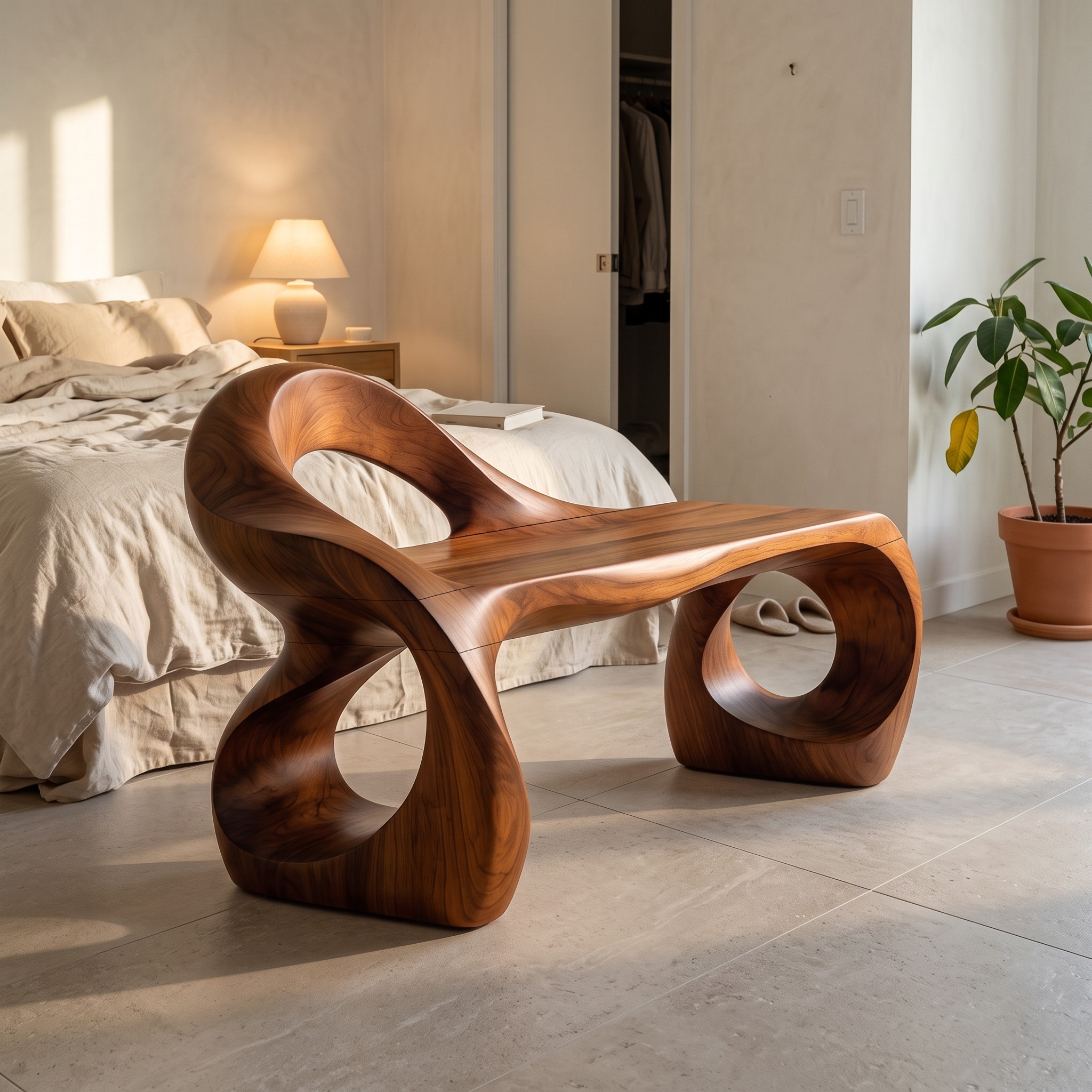 Contemporary Knot Form Bench, Sculptural Solid Wood Seating Bench for Hallway, Entryway, or Foyer Decor