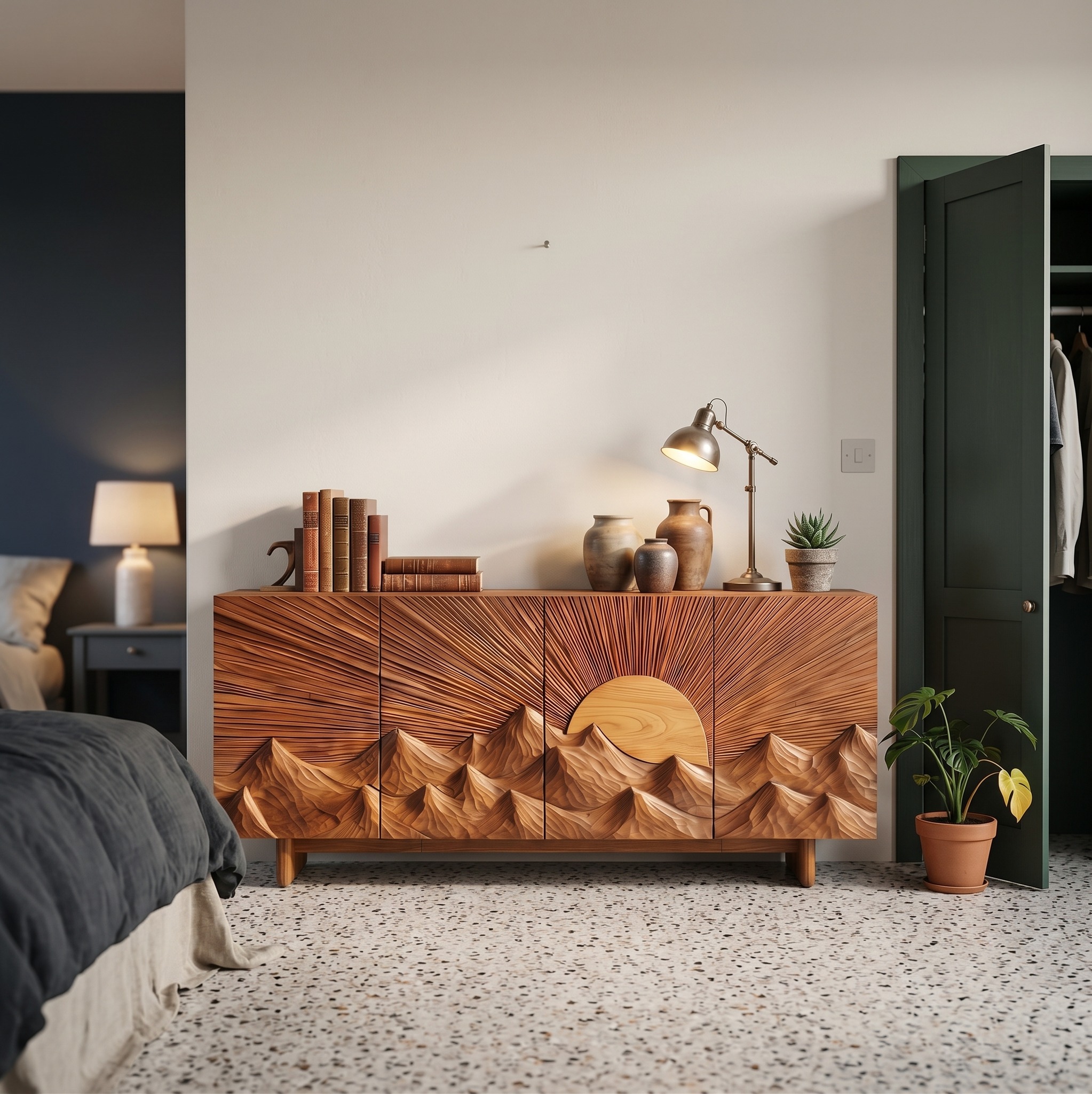 Contemporary Landscape Sideboard with Sculptural Carved Wood Doors, Artistic Living Room Buffet Credenza