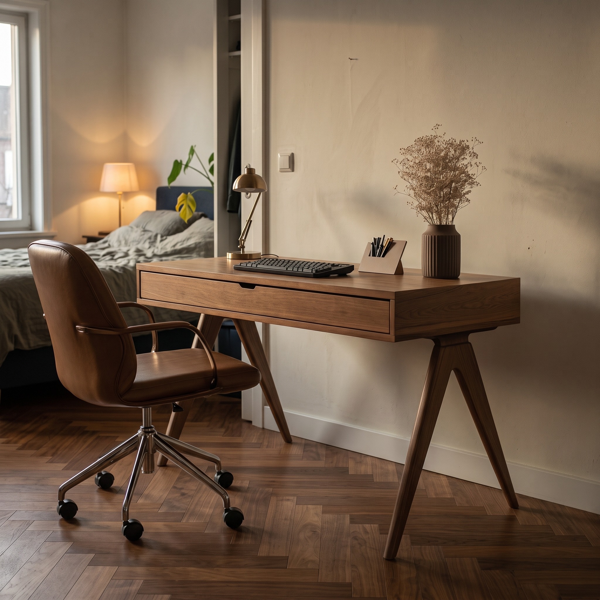 Contemporary Linear Work Desk, Solid Wood Minimalist Computer Writing Table for Home Office, Bedroom Study Desk