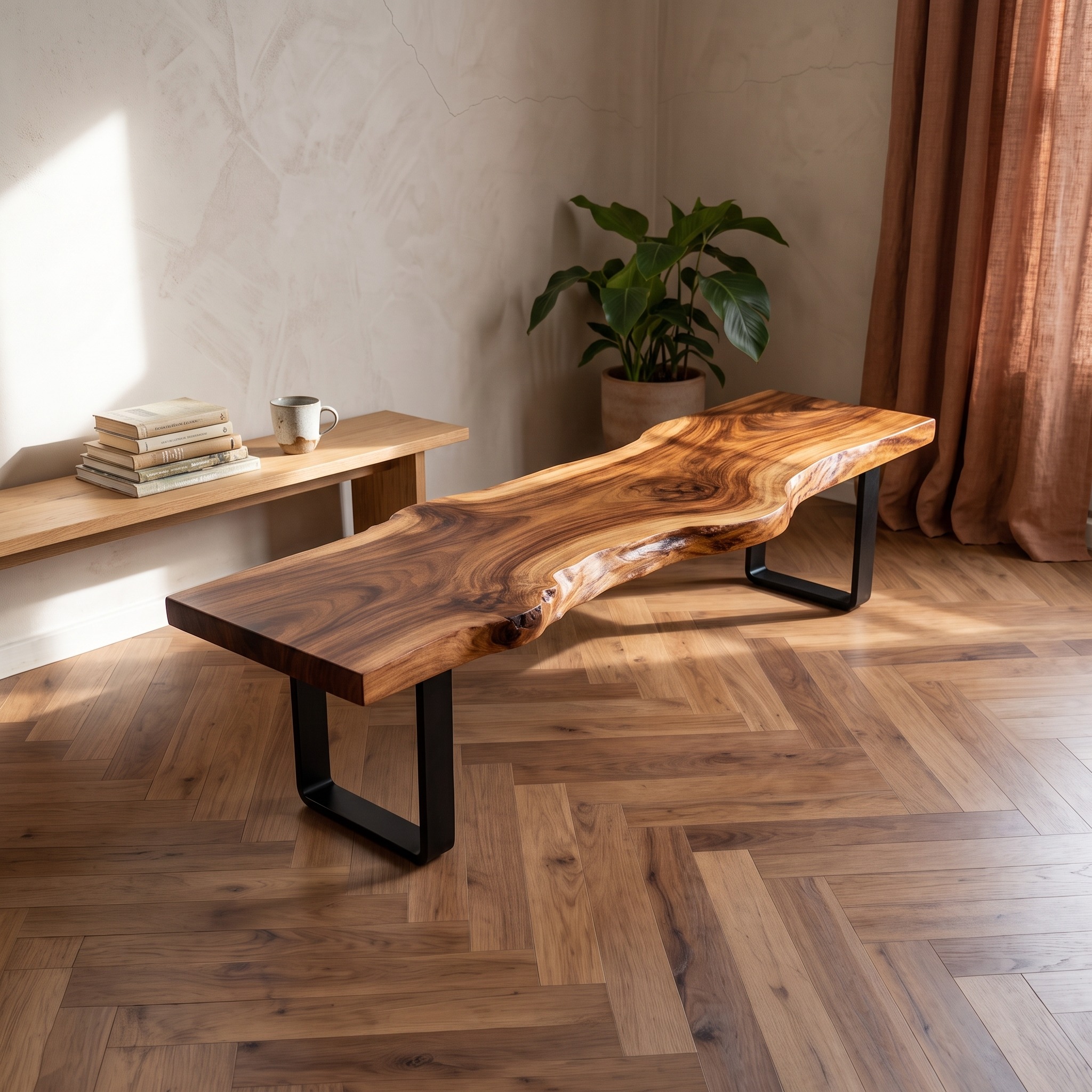 Contemporary Live Edge Long Bench, Solid Wood Dining Room & Entryway Bench, Sunroom Indoor Seating, Natural