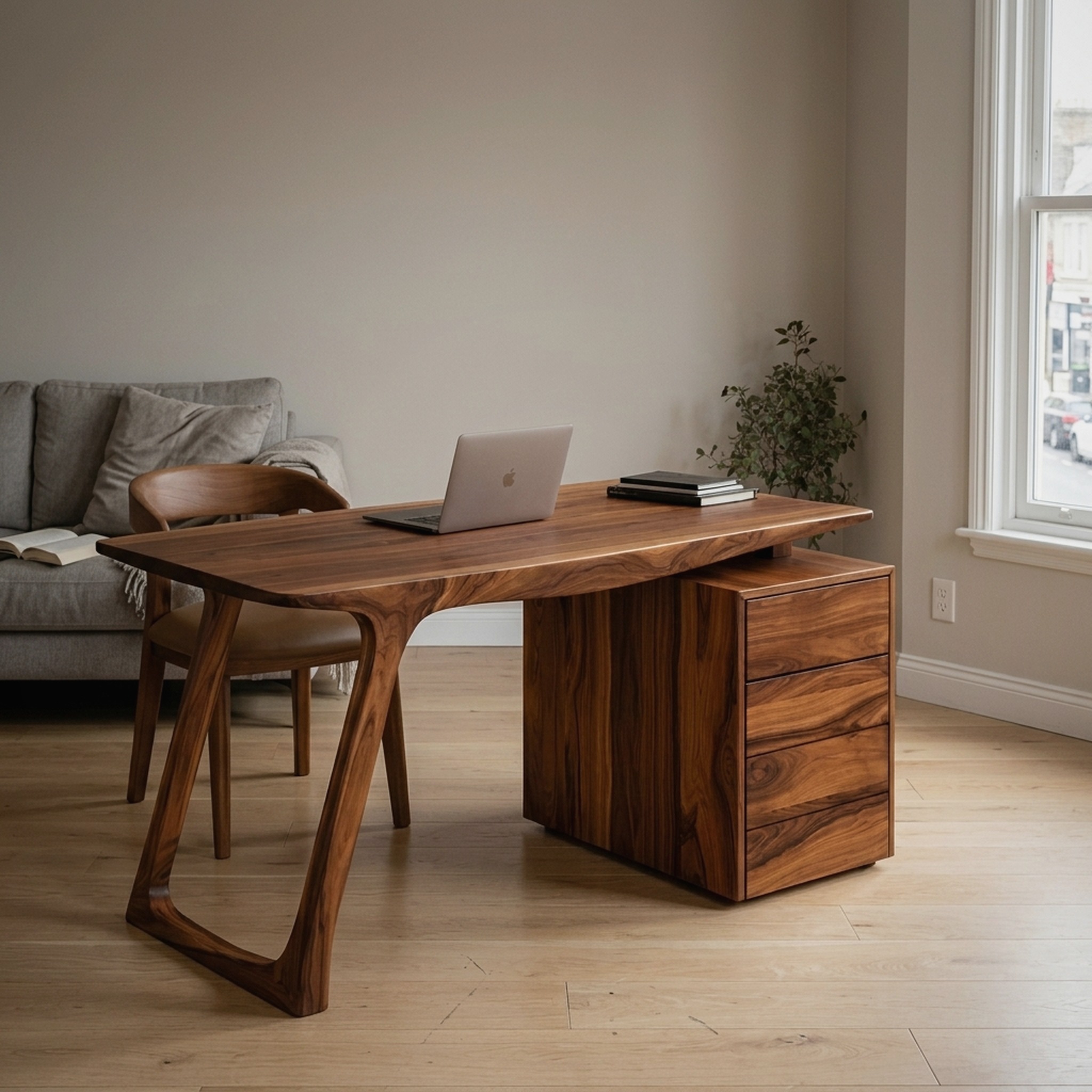 Contemporary Live Edge Office Desk with Storage Cabinet for Workspace