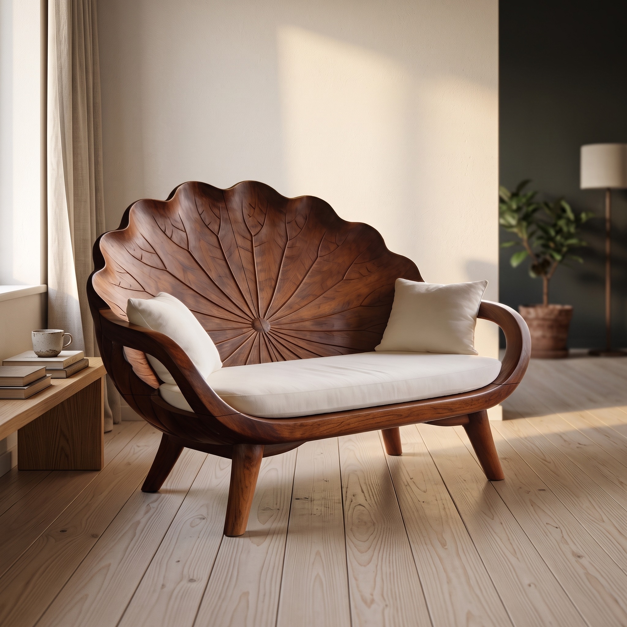 Contemporary Lotus Leaf Backrest Bench, Solid Wood Entryway & Veranda Lounge Bench, Indoor Accent Seating
