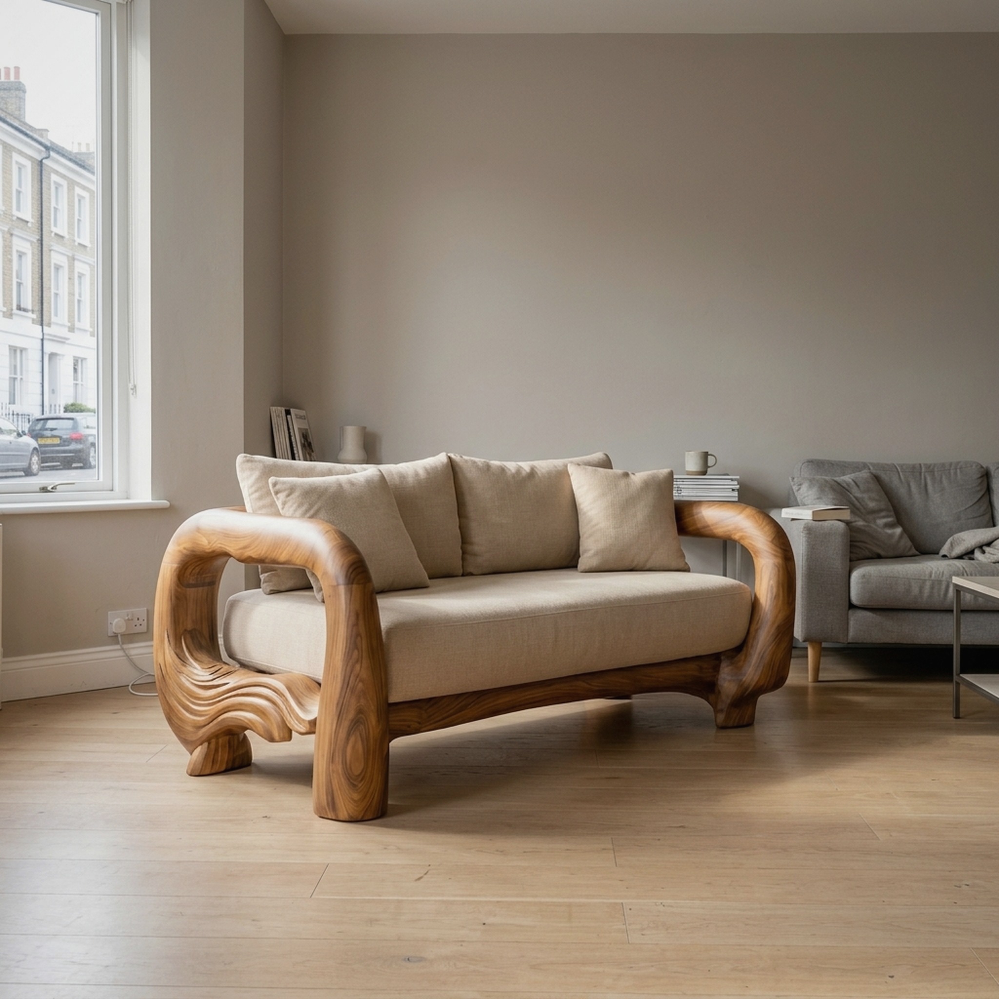 Contemporary Lounge Sofa Frame with Sculptural Wooden Base for Living Room