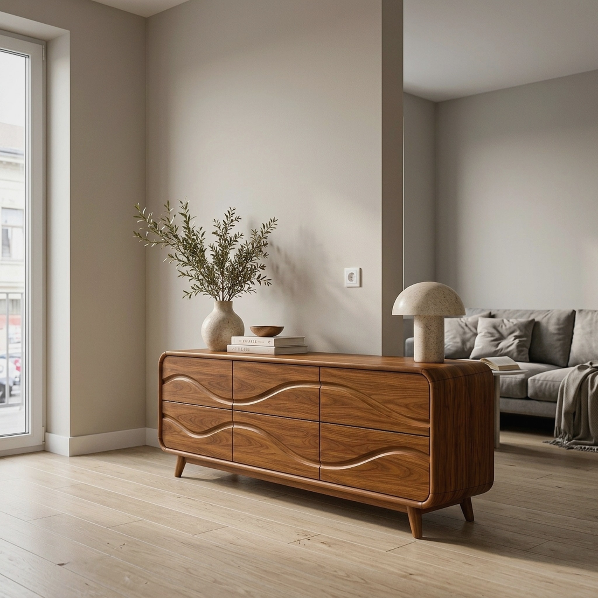 Contemporary Low Dresser with Embossed Grain Front and Curved Corners for Bedroom
