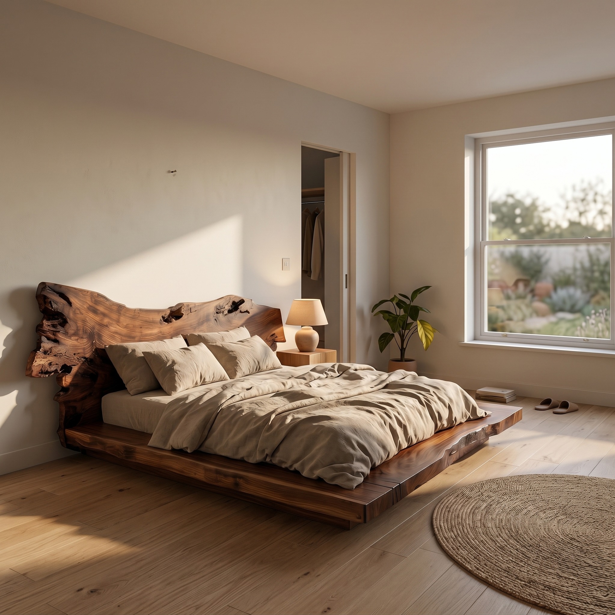 Contemporary Low Profile Bed Frame, Handcrafted Solid Wood Headboard Platform Bed, King Queen Bedroom Furniture Frame