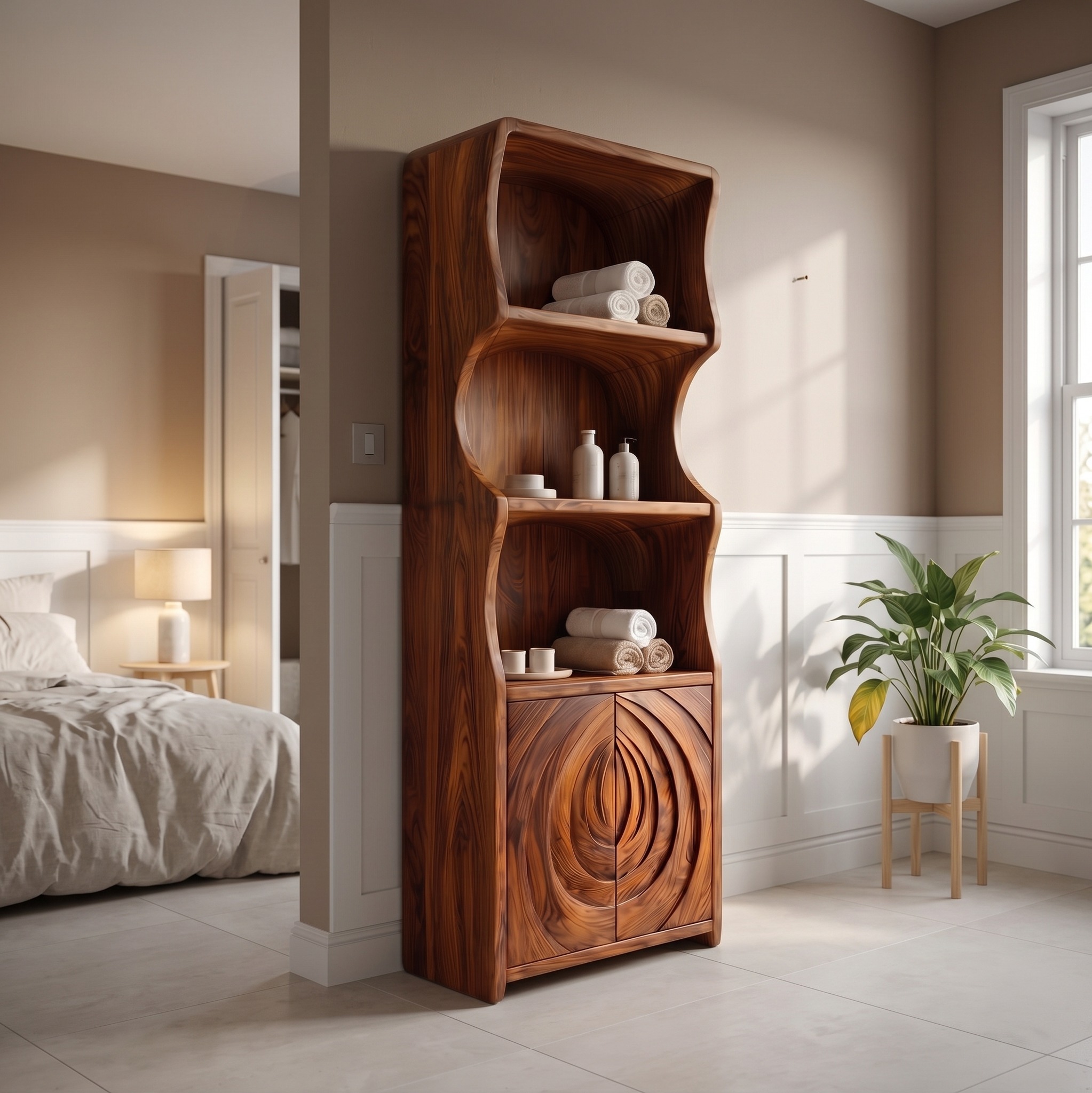 Contemporary Minimalist Bathroom Cabinet, Curved Shelves & Wooden Door Standing Storage Unit