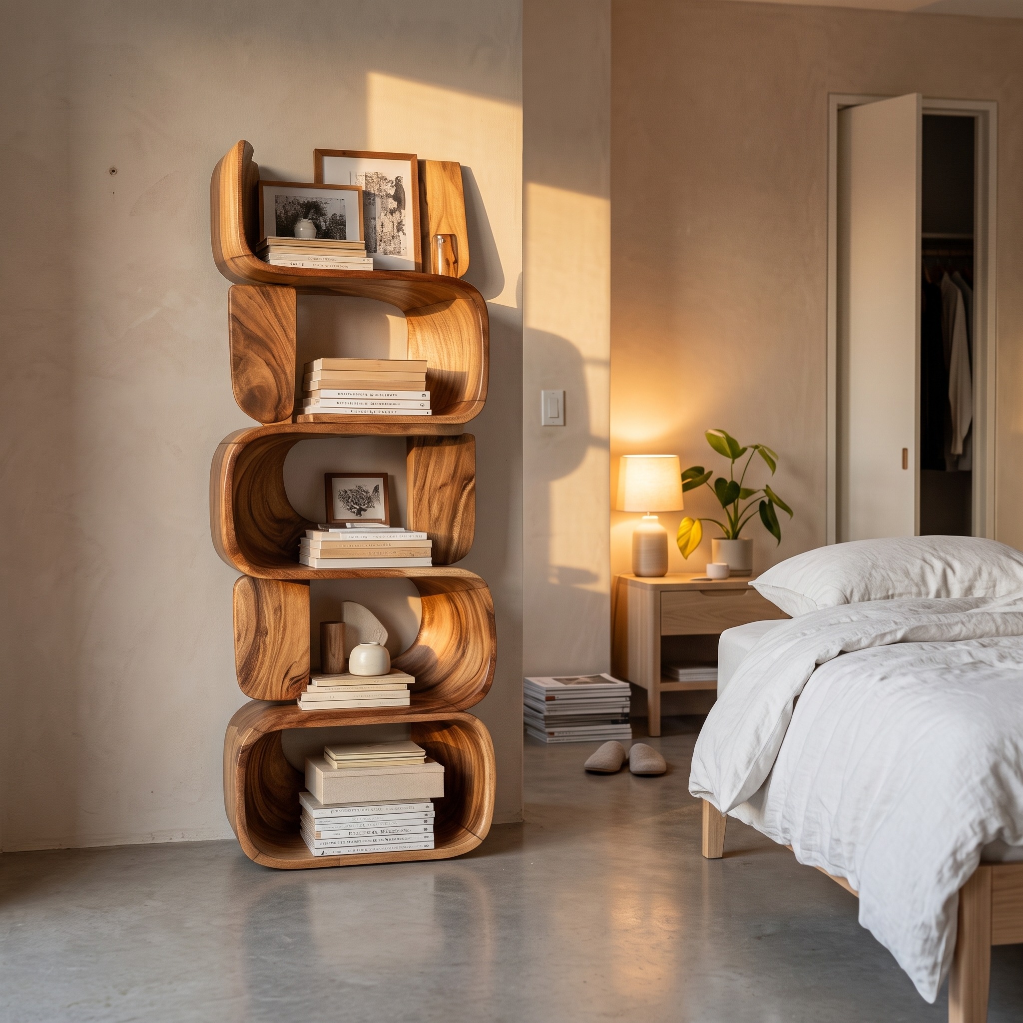 Contemporary Modern Unique Bookshelf, Abstract Wood Bookcase Display Shelves for Living Room