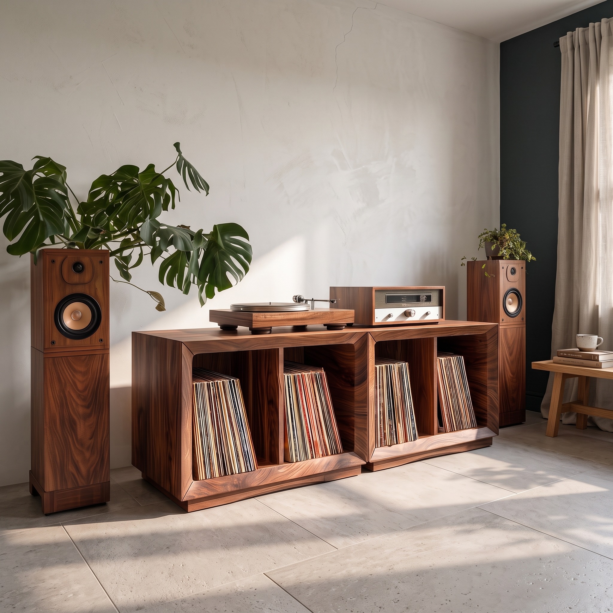 Contemporary Modular Wood Vinyl Storage Cabinet, Handcrafted LP Album Shelf Organizer for Audiophile Lounge, Model