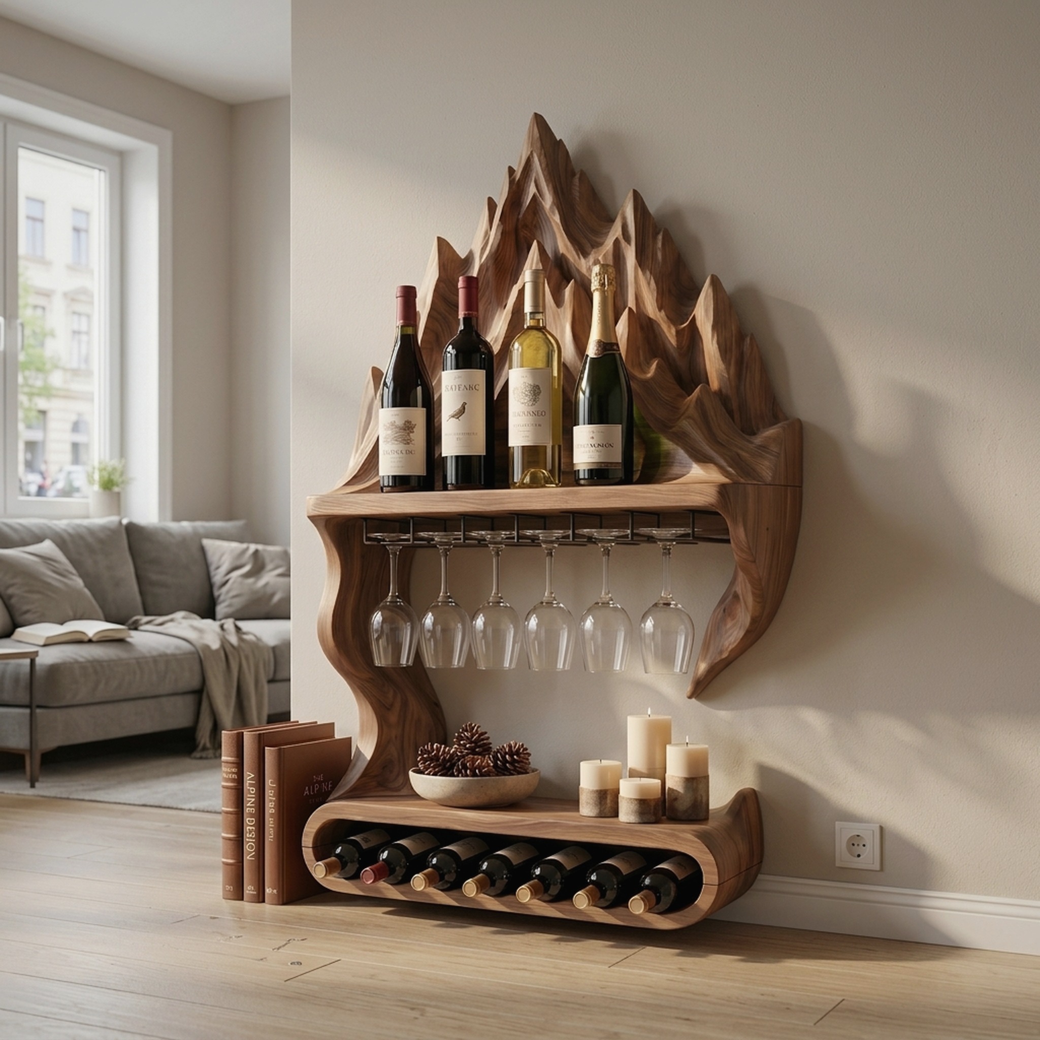 Contemporary Mountain Wine Storage Shelf for Lounge Area