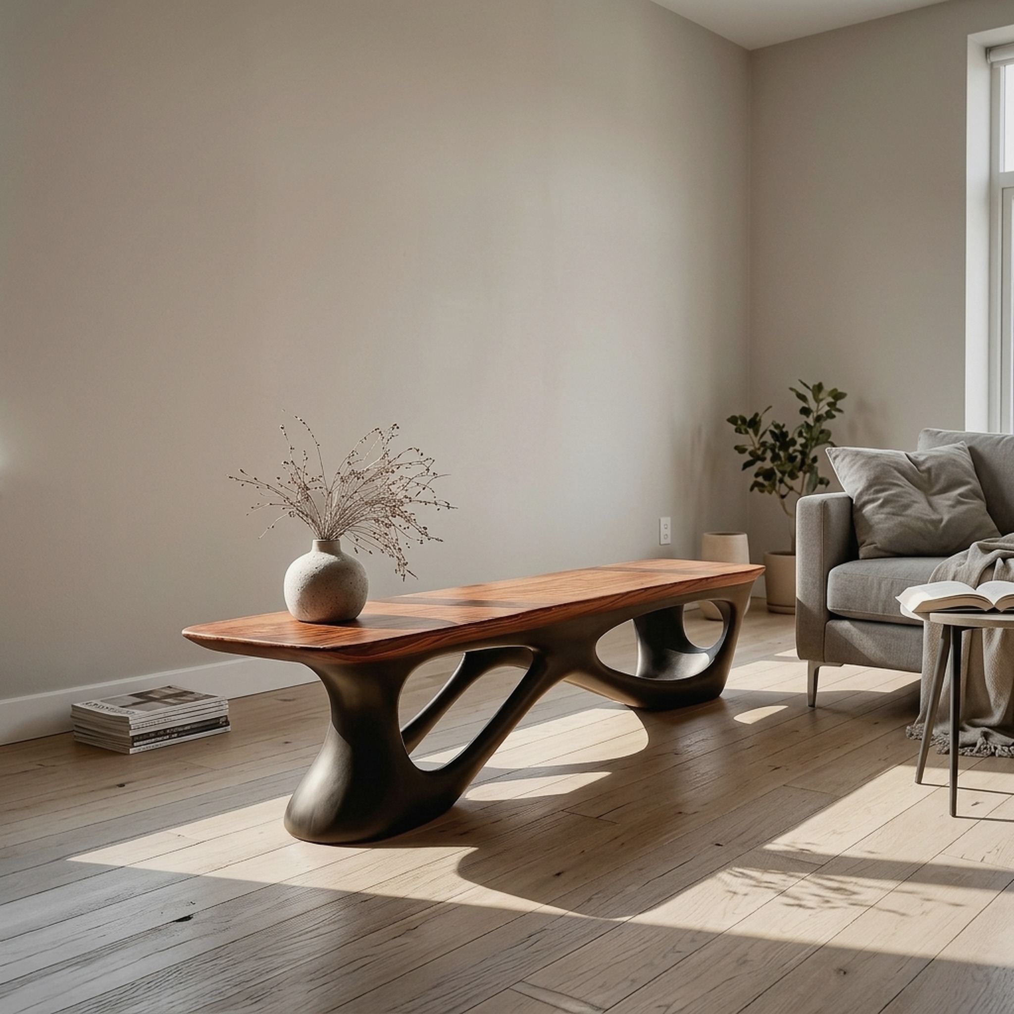Contemporary Natural Wood Bench for Luxury Window Corner