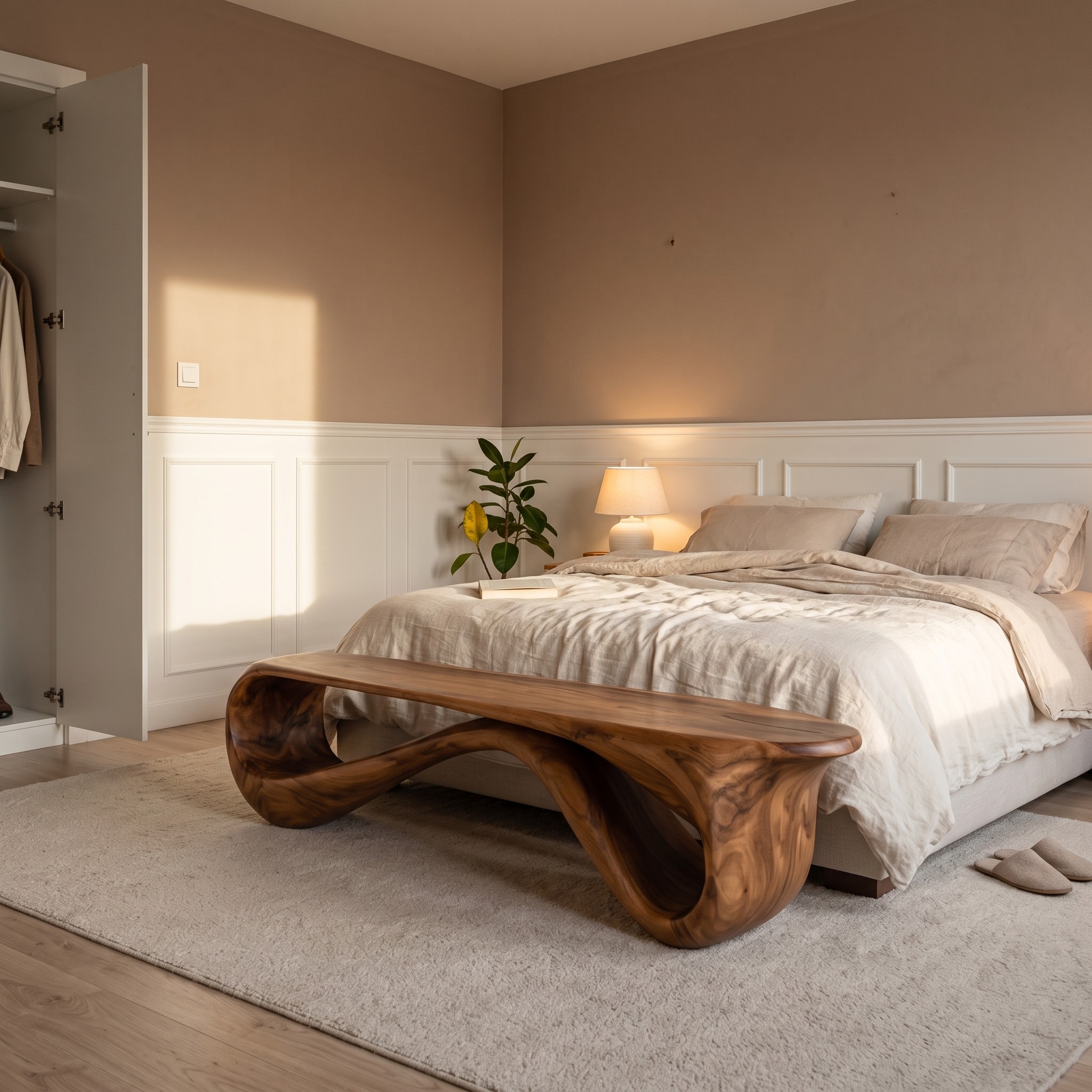 Contemporary Natural Wood Bench, Rustic Entryway Hallway Seating, Solid Timber Accent Dining Bench for Home
