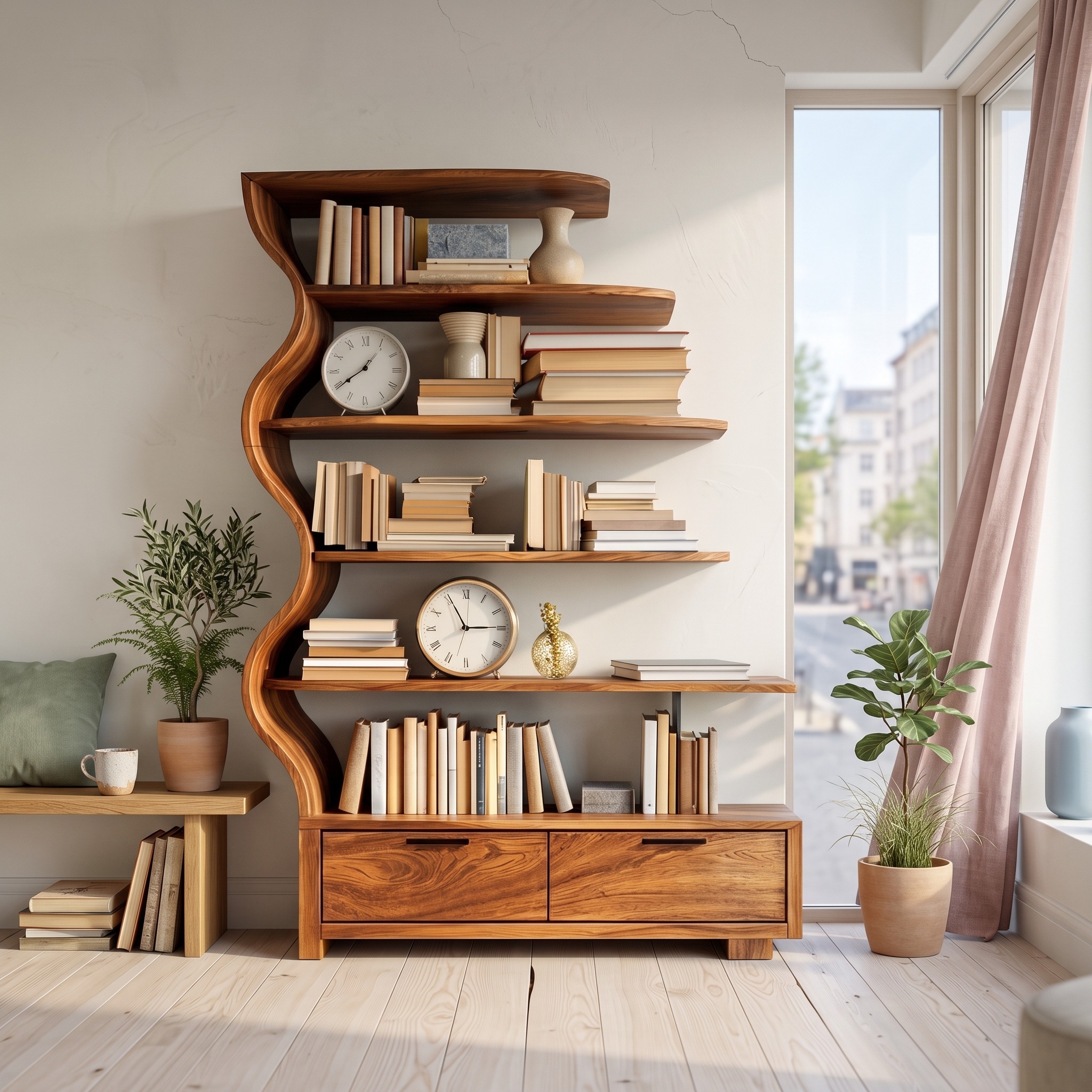 Contemporary Natural Wood Bookshelf, Solid Timber Display Shelf & Books Storage Organizer for Home Office Space