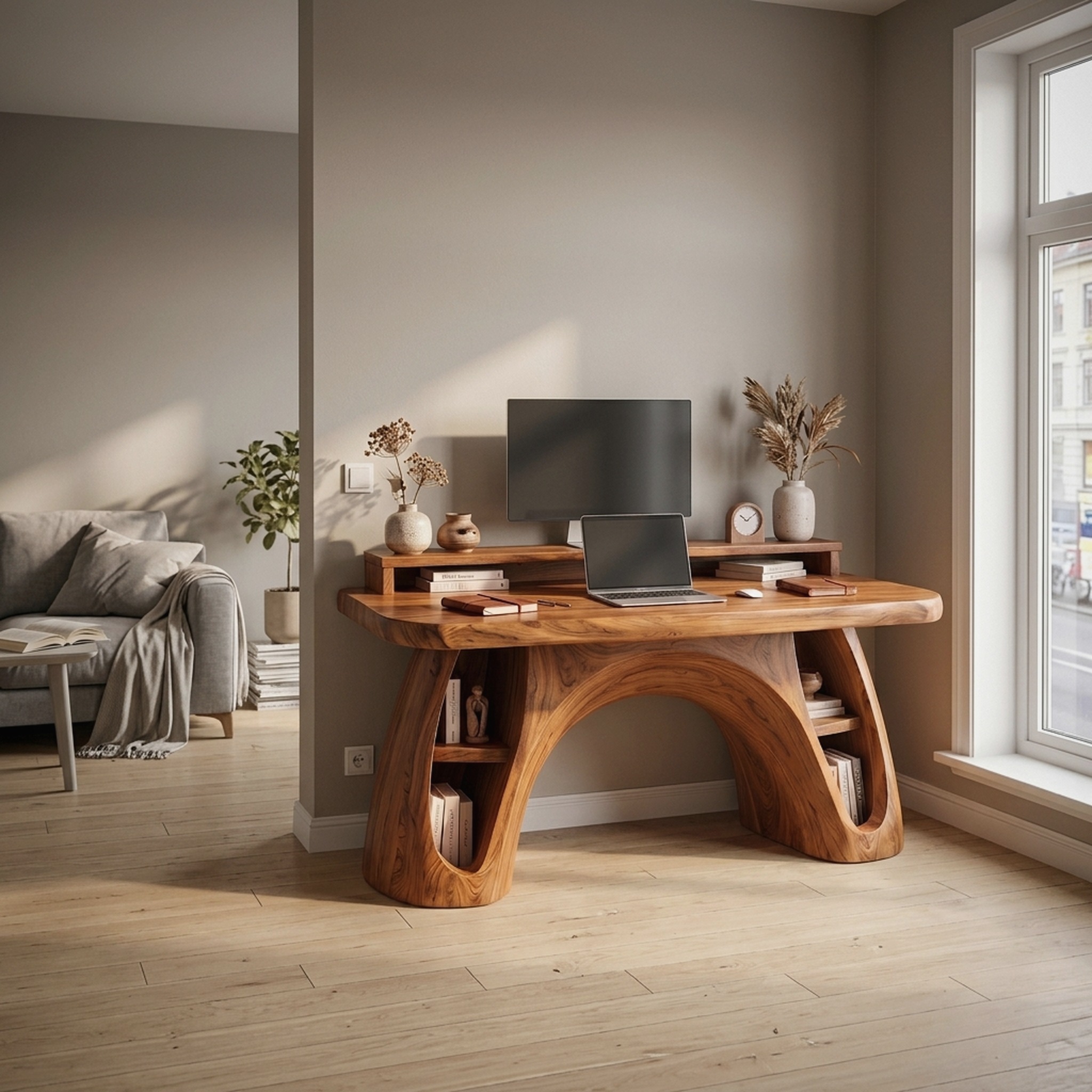 Contemporary Office Desk with Raised Monitor Platform for Workspace