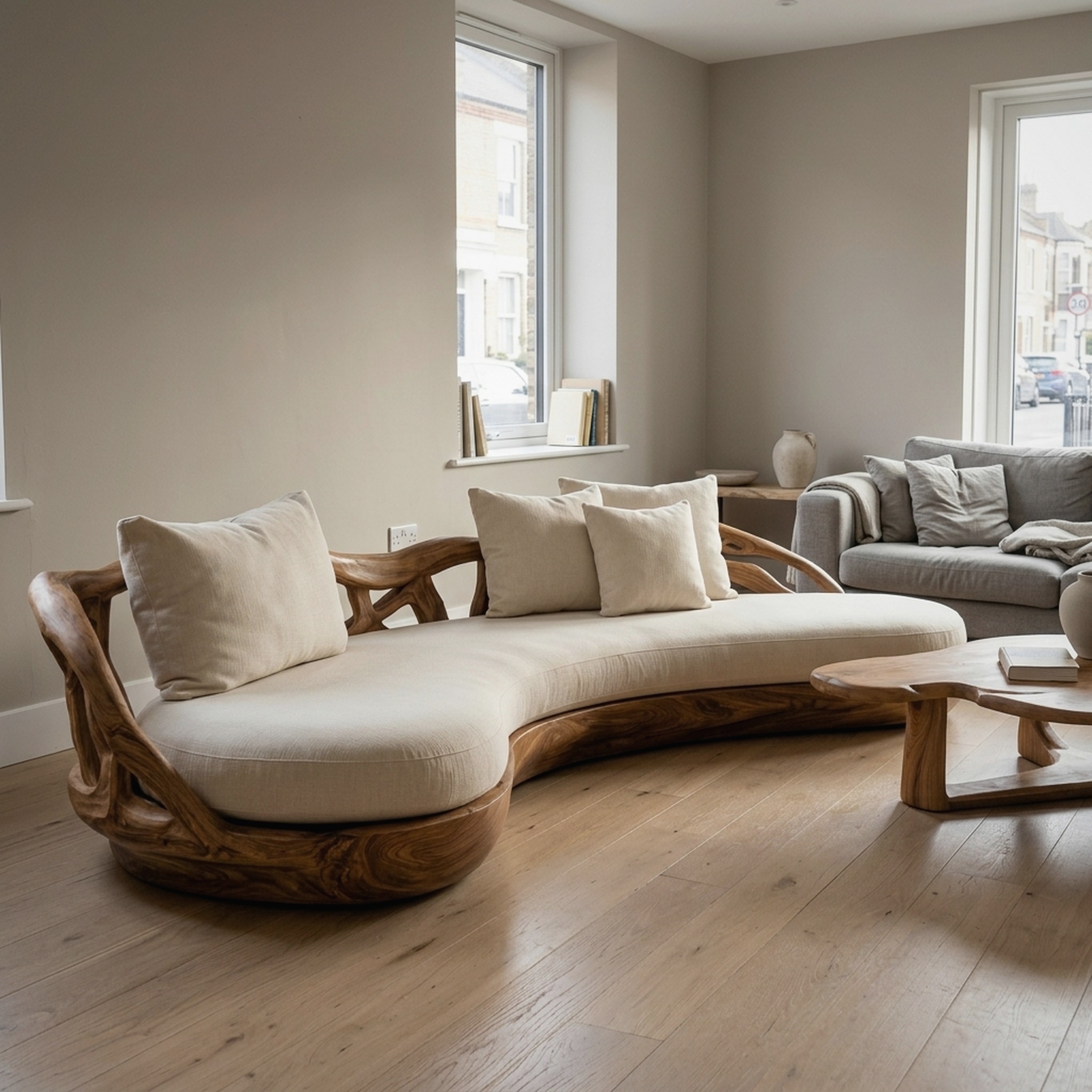 Contemporary Organic Sofa Solid Wood Frame Smooth Curved Design Living Room and Lounge