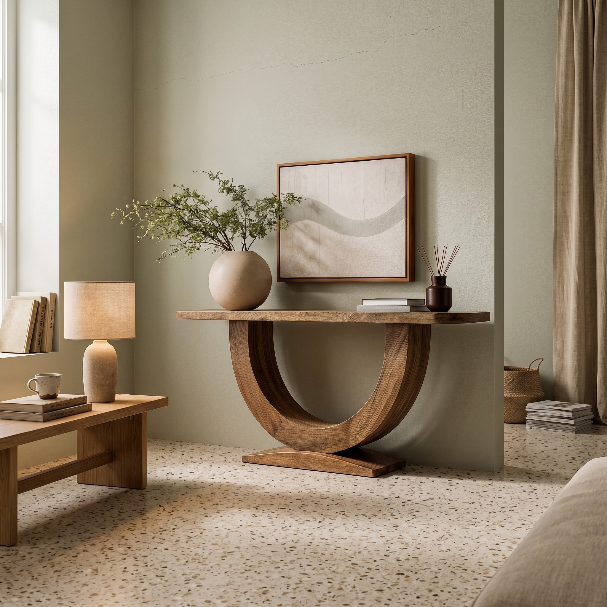 Contemporary Organic Solid Wood Console Table with U-Shape Pedestal Base, Entryway Sofa Table for Living Room