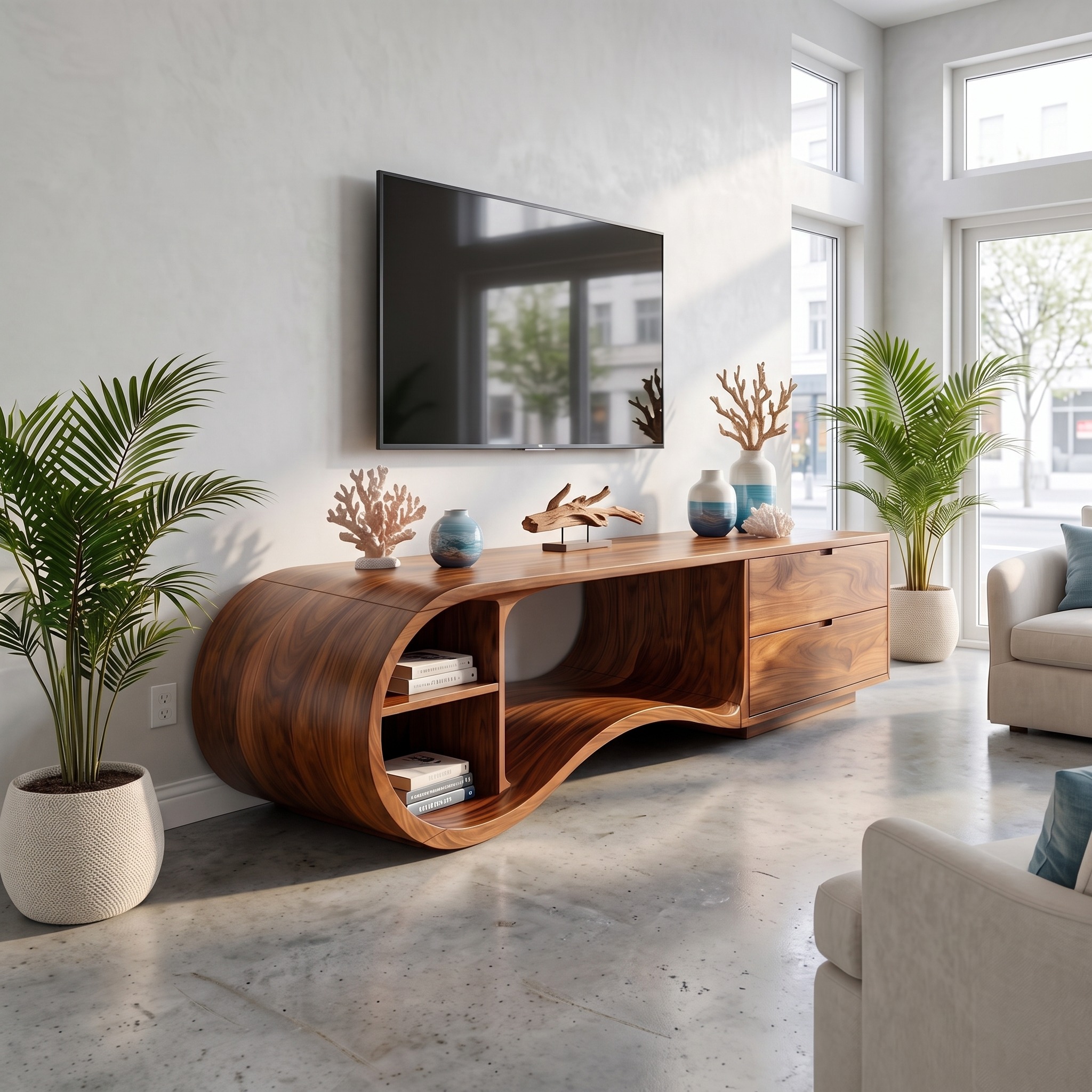 Contemporary Organic TV Cabinet, Handcrafted Wavy Edge Solid Wood Media Sideboard Console & Entertainment Board Stand