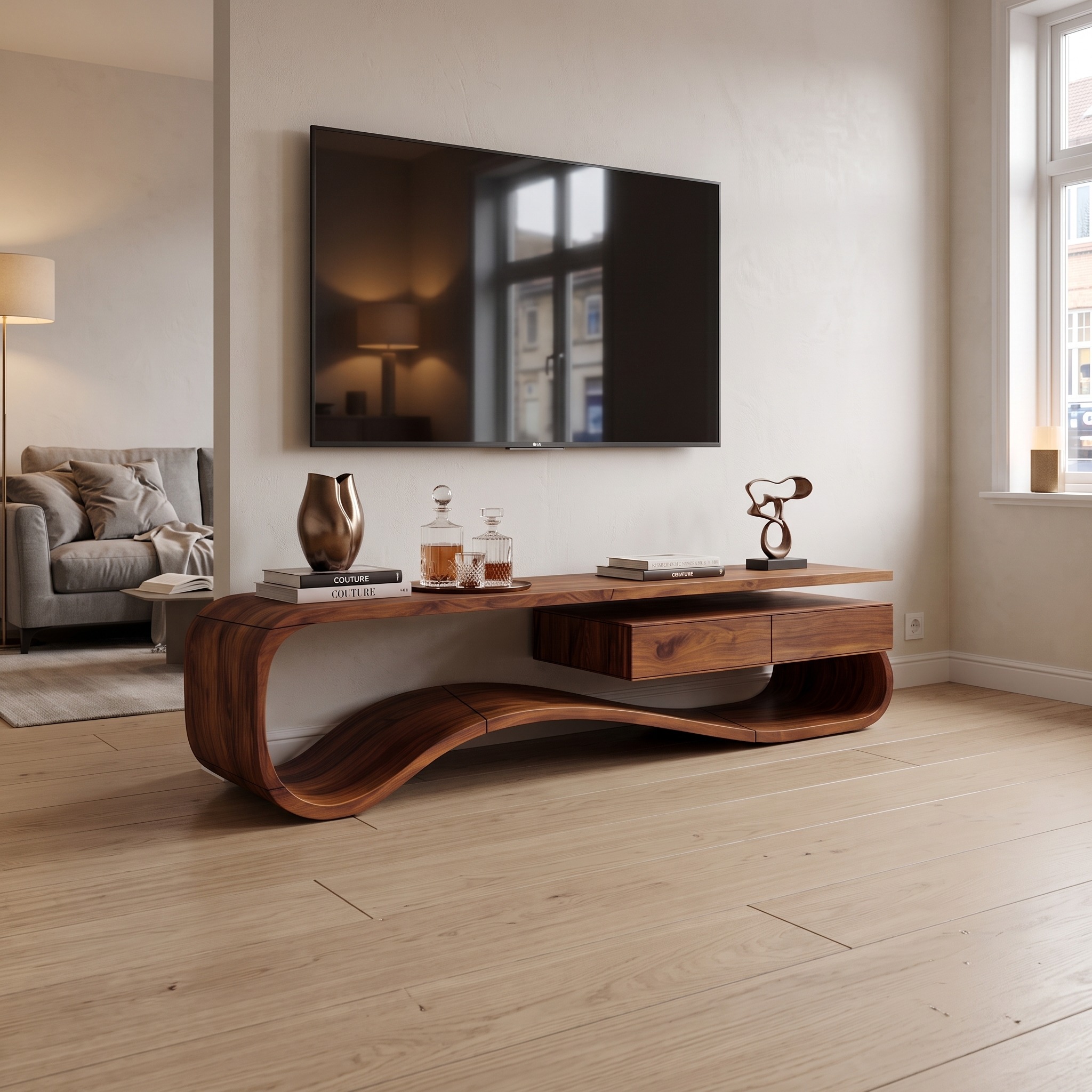 Contemporary Organic Wood TV Stand, Modern Media Console & Entertainment Center Cabinet for Lounge