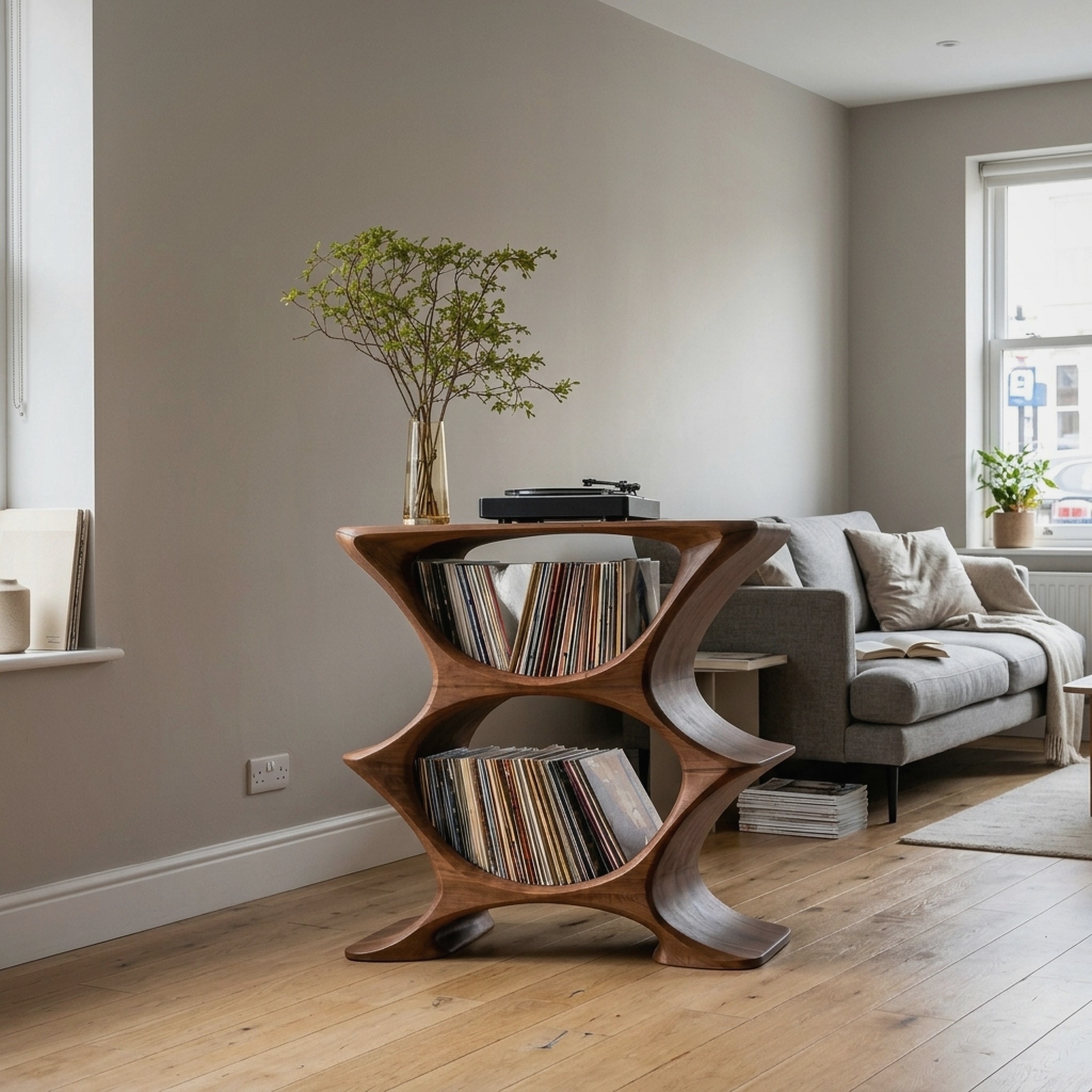 Contemporary Record Player Cabinet with 2-Tier Shelf for Living Room