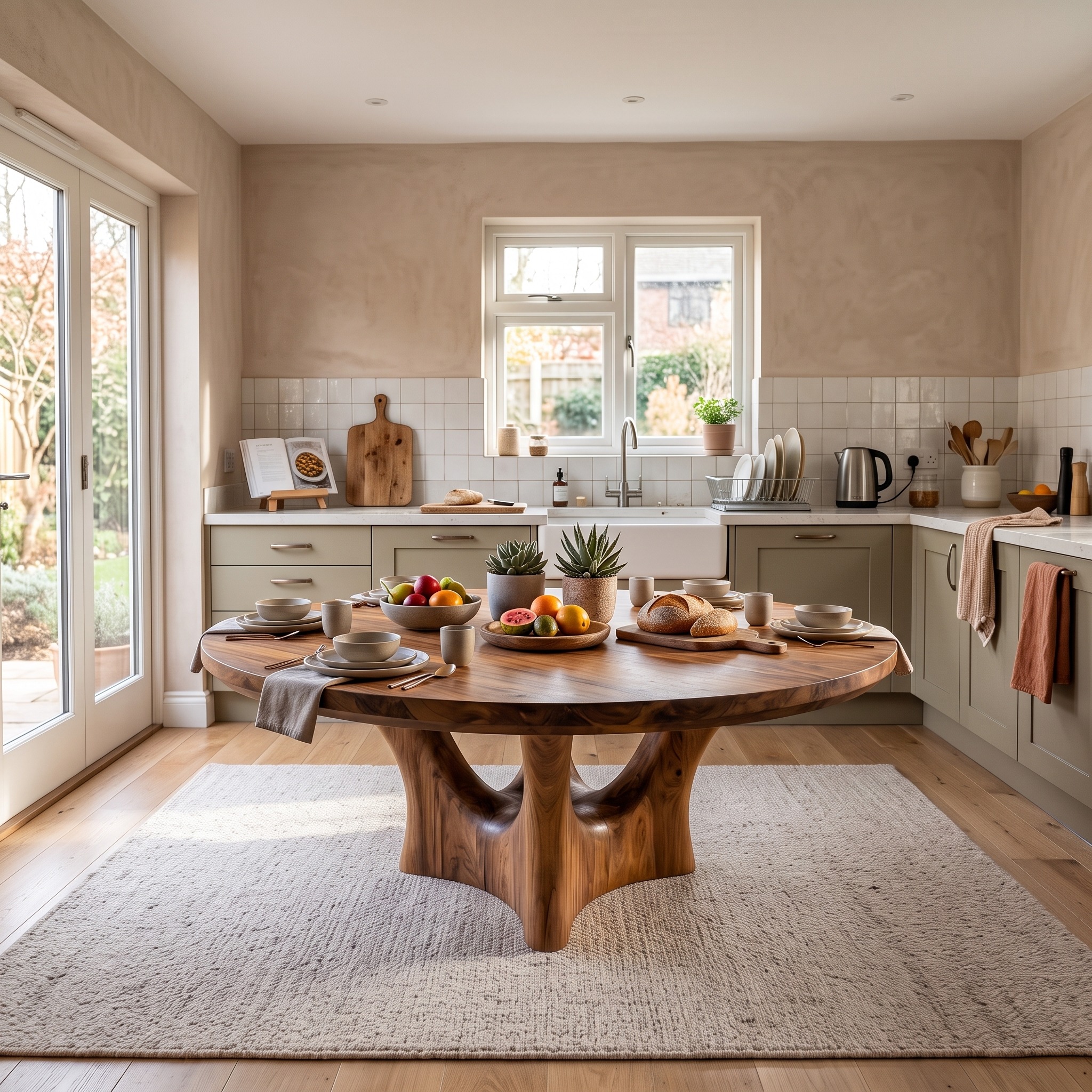 Contemporary Round Dining Table, Solid Wood Smooth Curved Pedestal Base Table for Kitchen & Dining Room