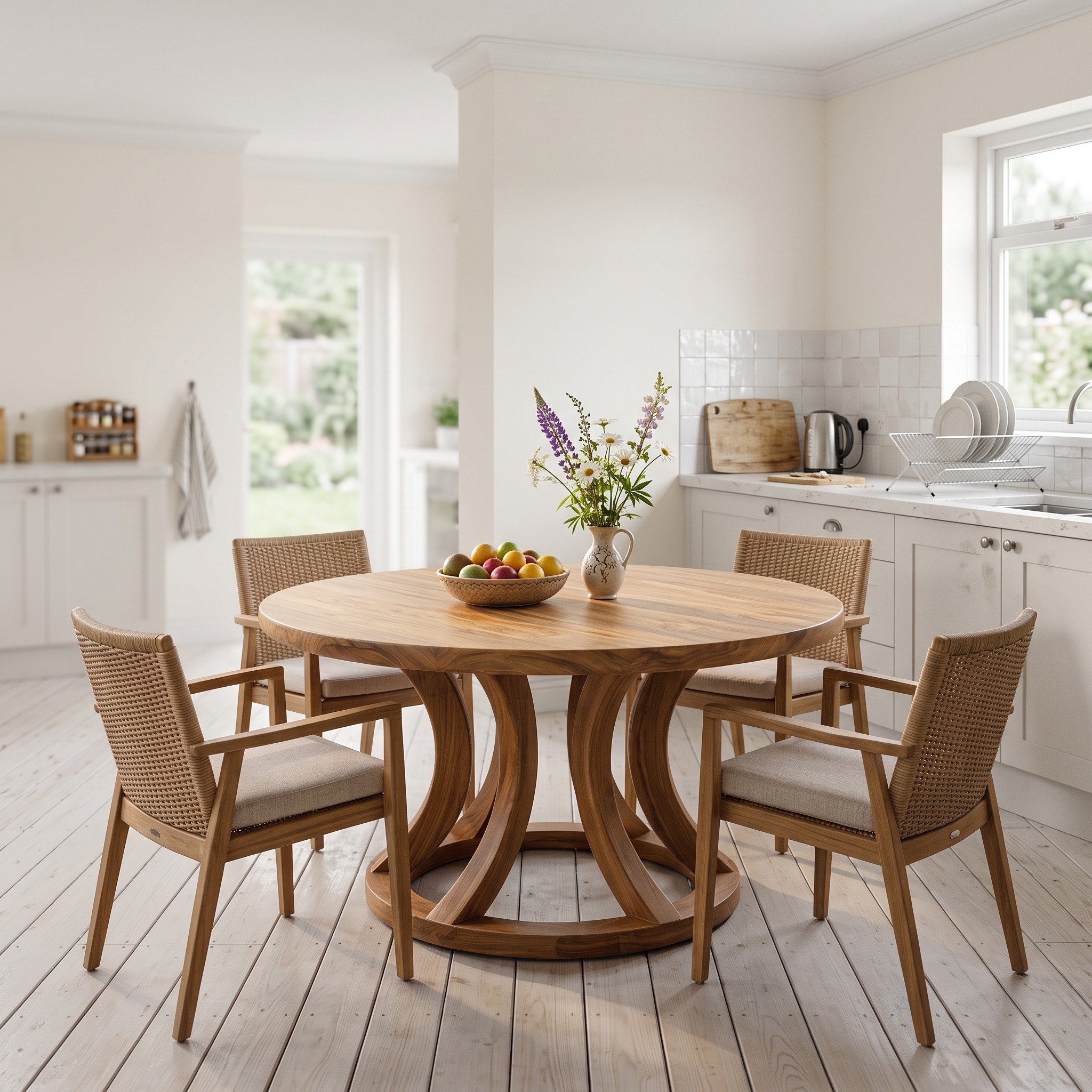 Contemporary Round Dining Table with Curved Unique Base, Handcrafted Solid Wood Kitchen Dining Table, Model