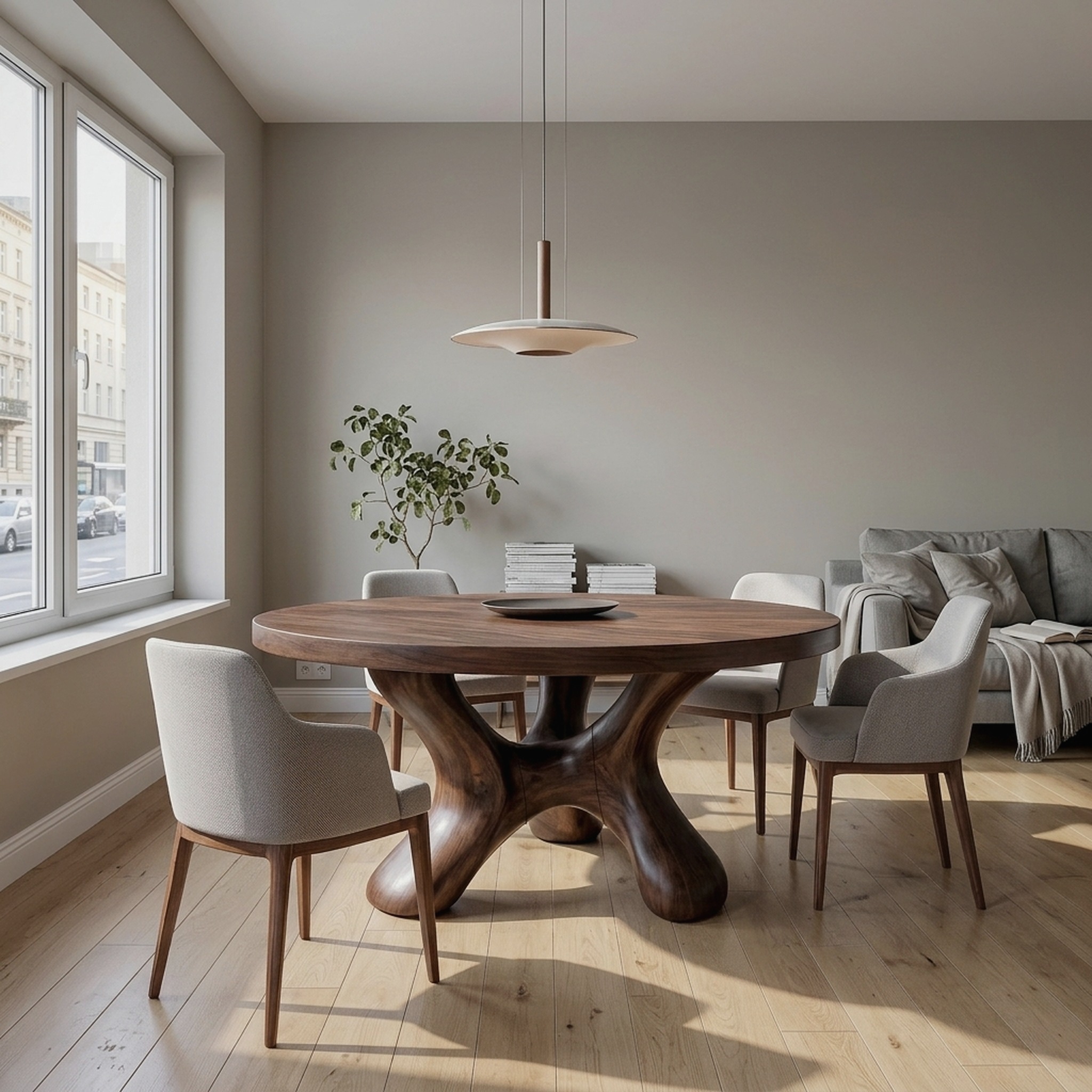 Contemporary Round Dining Table with Flowing Crossed Design for Dining Room and Living Room