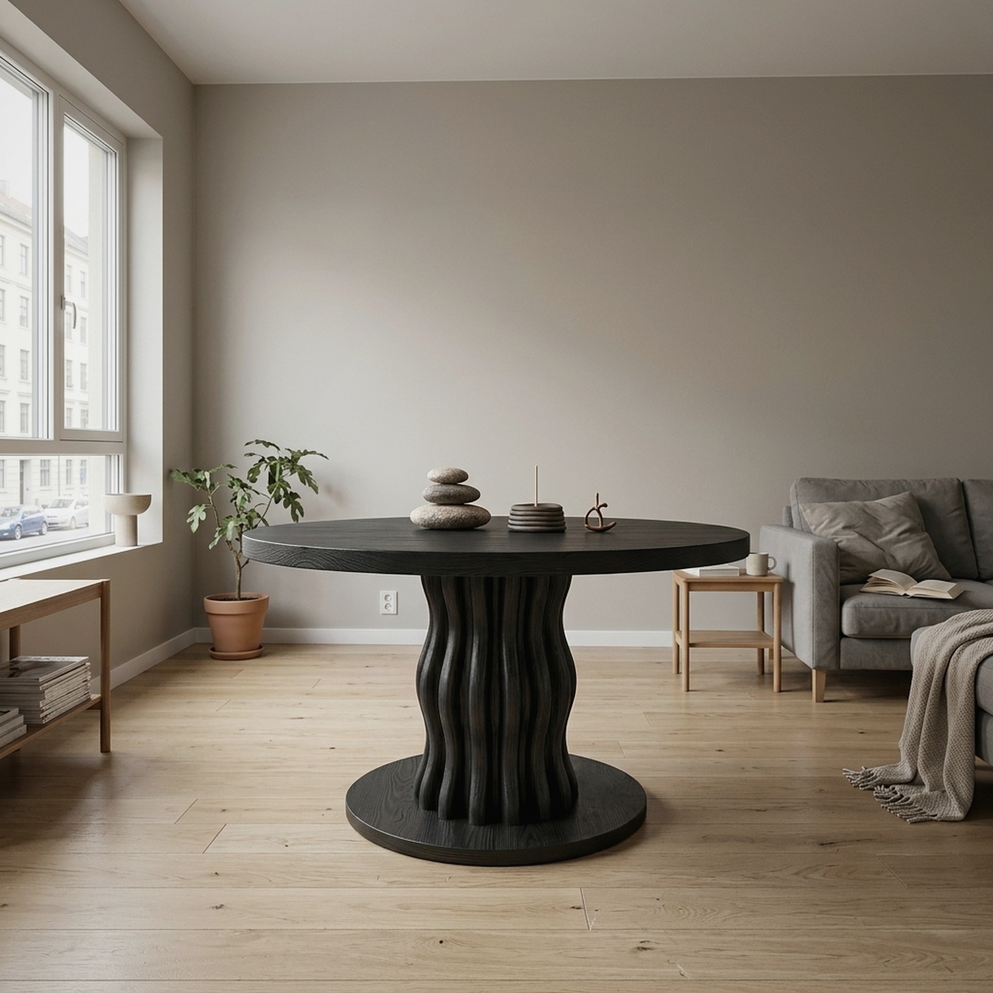 Contemporary Round Entryway Table with Wavy Vertical Form for Foyer and Living Room