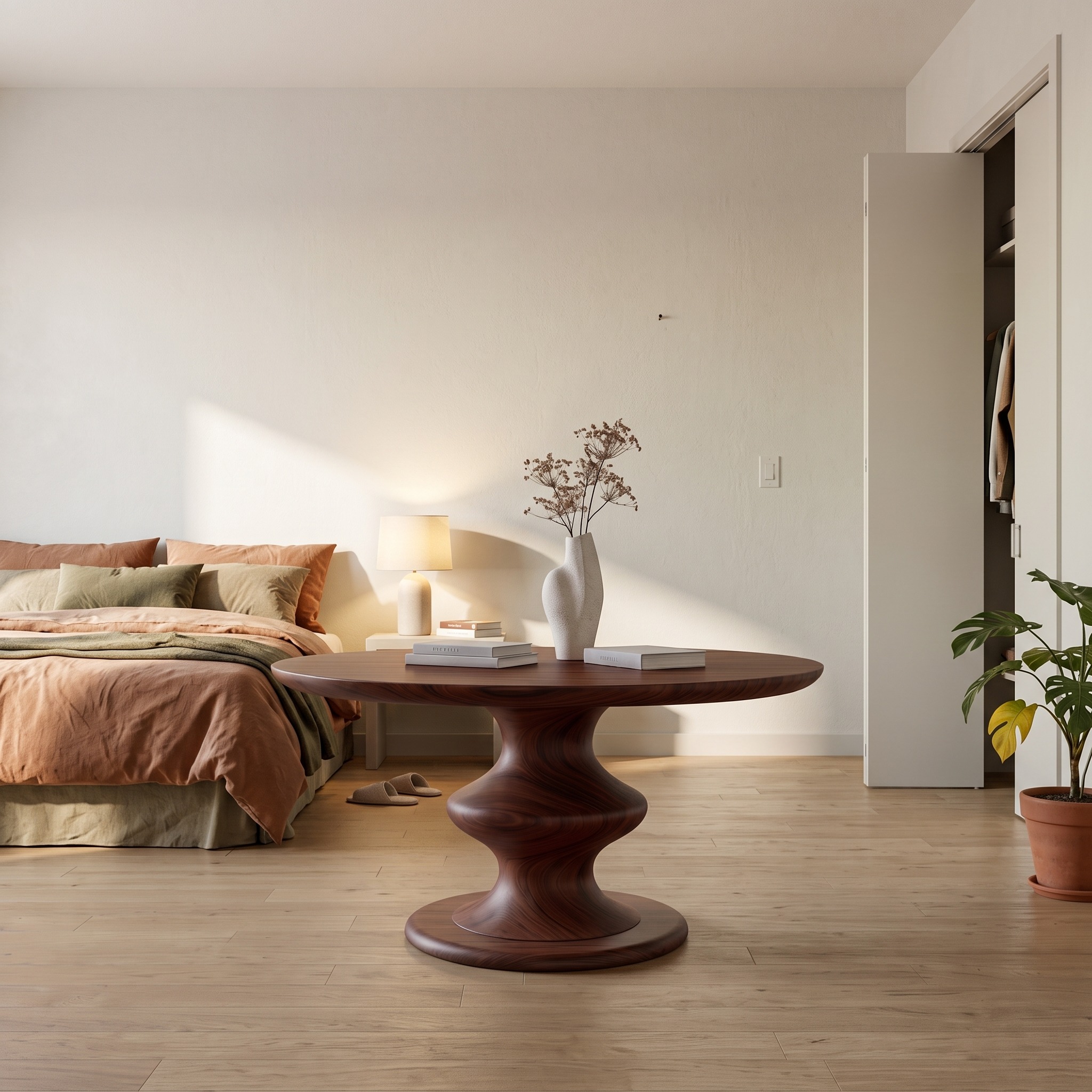 Contemporary Round Foyer Table, Turned Solid Wood Pedestal Entryway & Accent Hallway Table