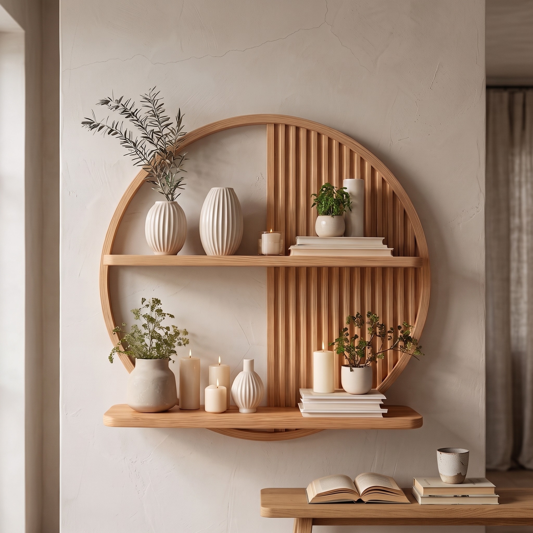 Contemporary Round Solid Wood Wall Shelf, Modern Circular Floating Storage Display Rack for Living Room Decor