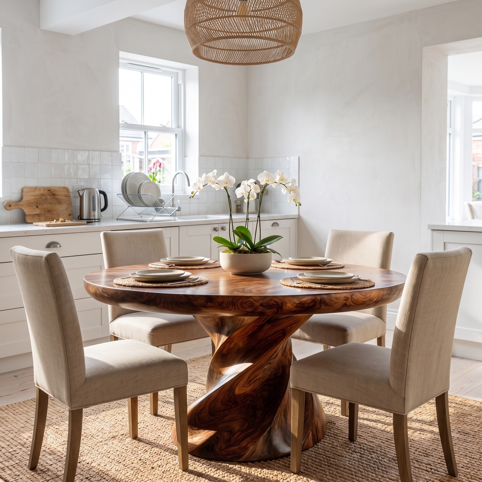 Contemporary Round Wood Dining Table with Twisted Sculptural Base, Modern Circular Kitchen Table, Natural Finish