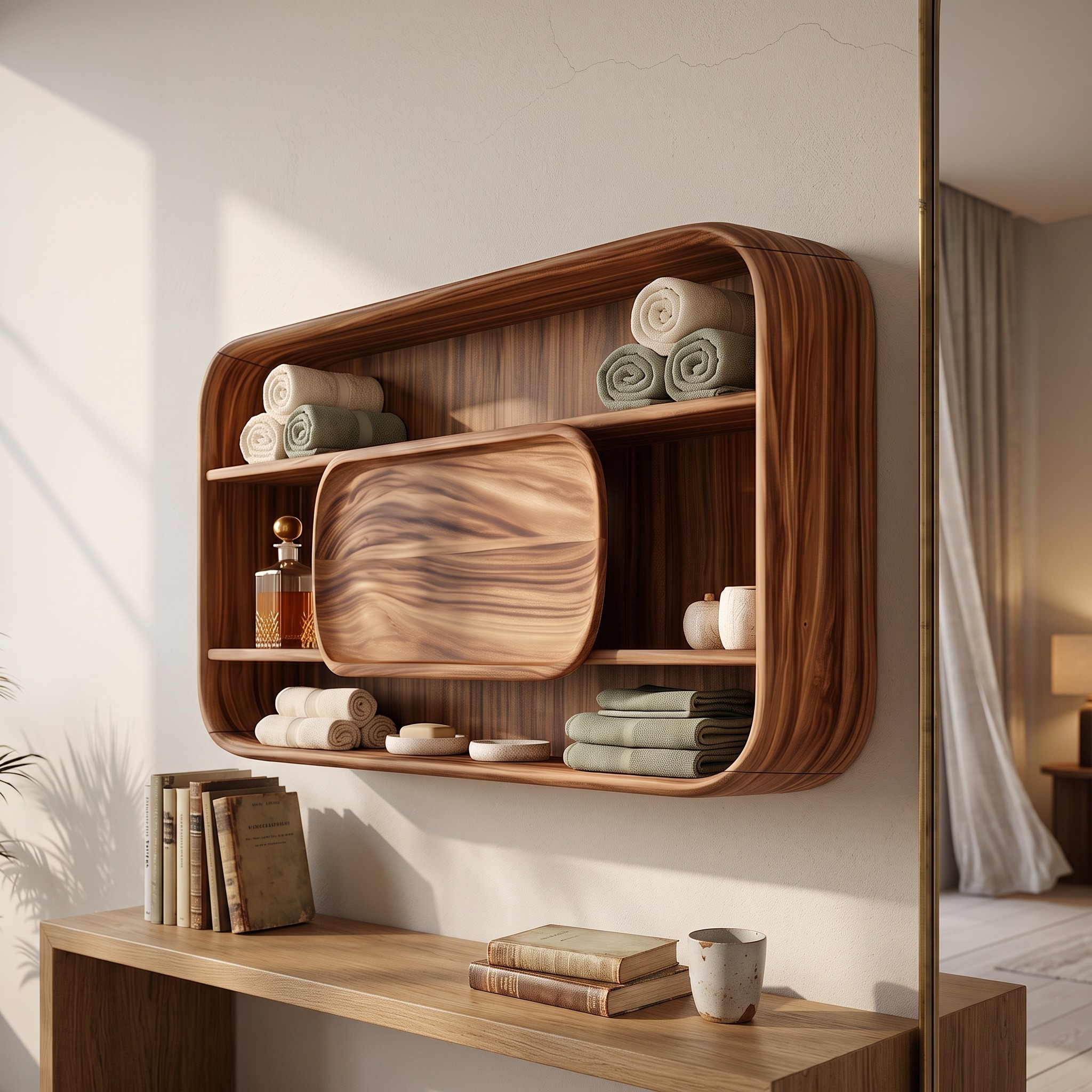 Contemporary Rounded Bathroom Cabinet, Solid Wood Luxury Suite Vanity Organiser Credenza