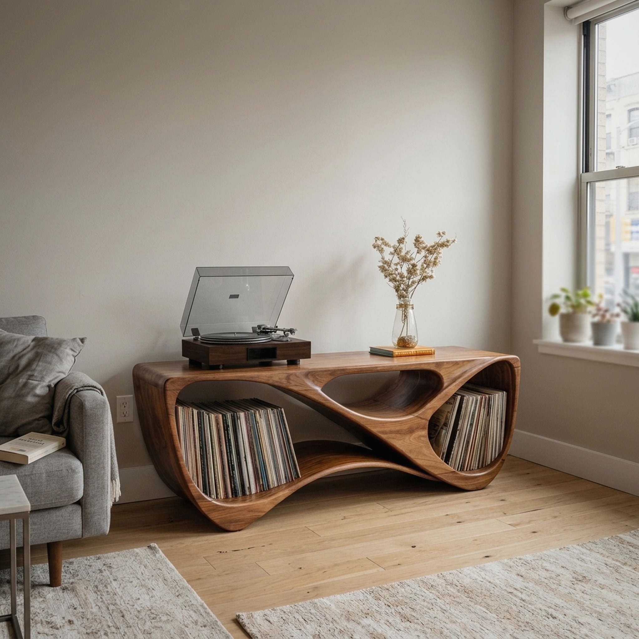 Contemporary Rounded Vinyl Record Console for Living Room