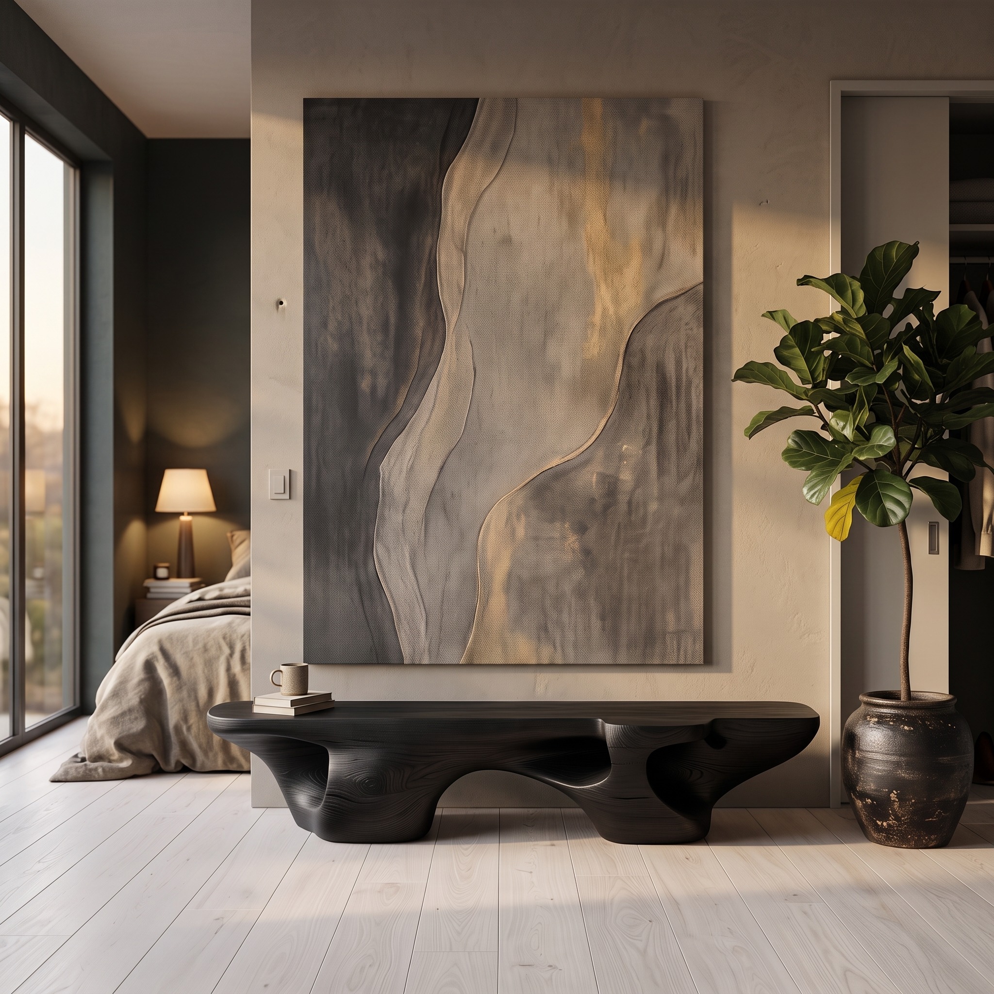 Contemporary Sculptural Bench with Organic Carved Design, Solid Wood Seating Chair for Living Room & Entryway