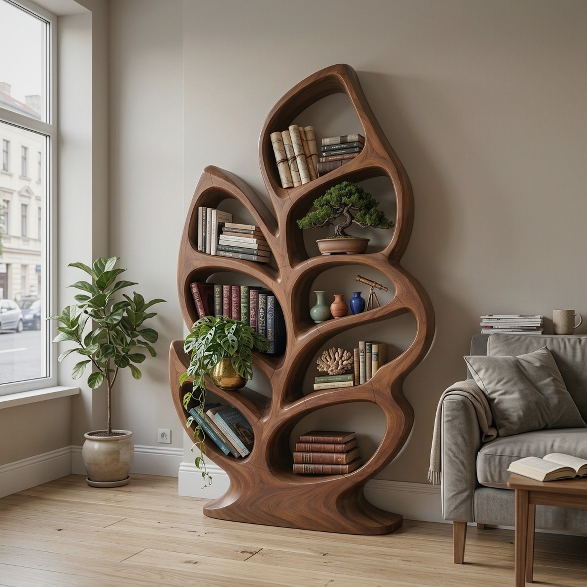 Contemporary Sculptural Bookcase for Stylish Entryway Interior